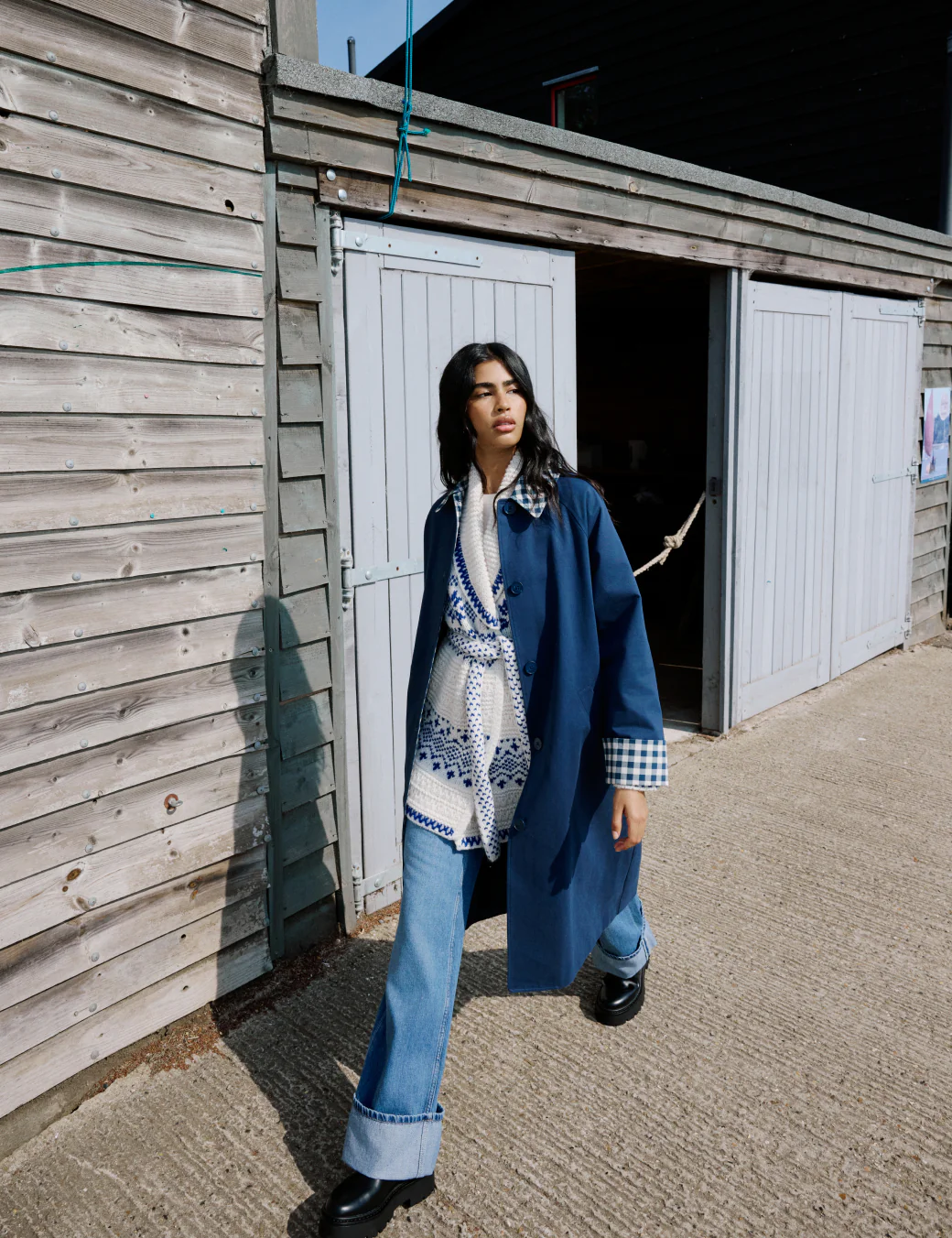 Navy Gingham Trim Trench Coat - Image 3