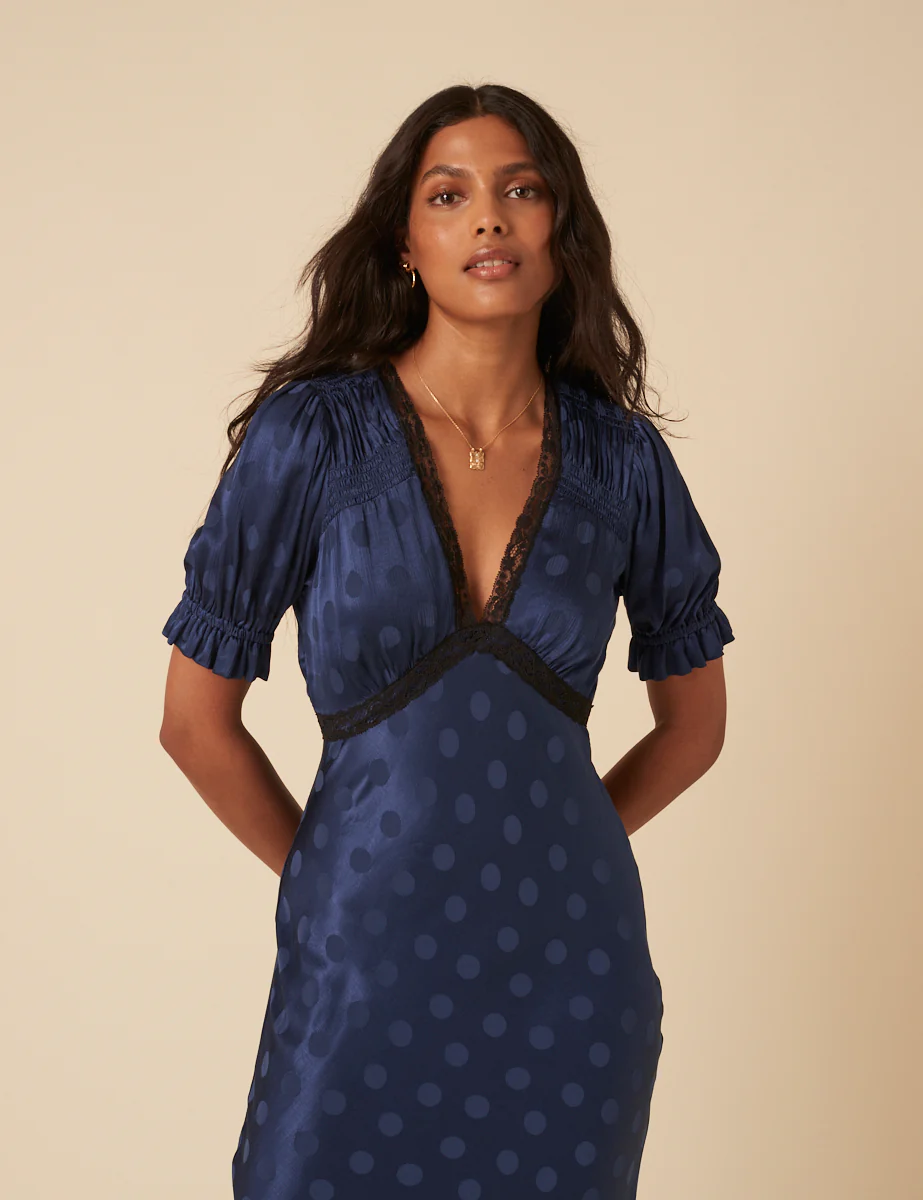 Navy Polka Dot Jacquard Angela Midi Dress - Image 2