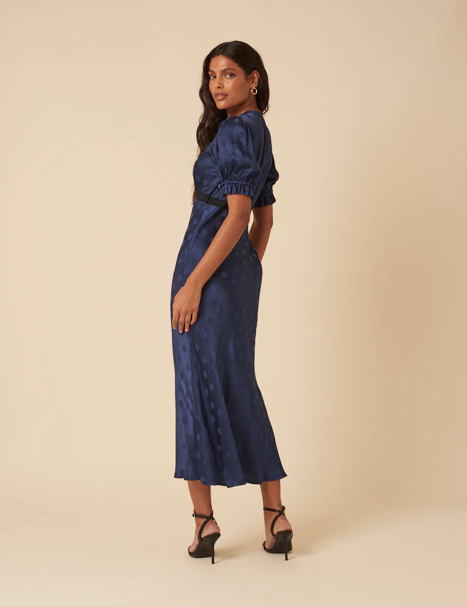 Navy Polka Dot Jacquard Angela Midi Dress - Image 4