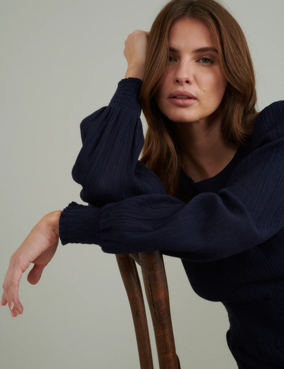 Navy Ruched Long Sleeve Nel Midi Dress - Image 2