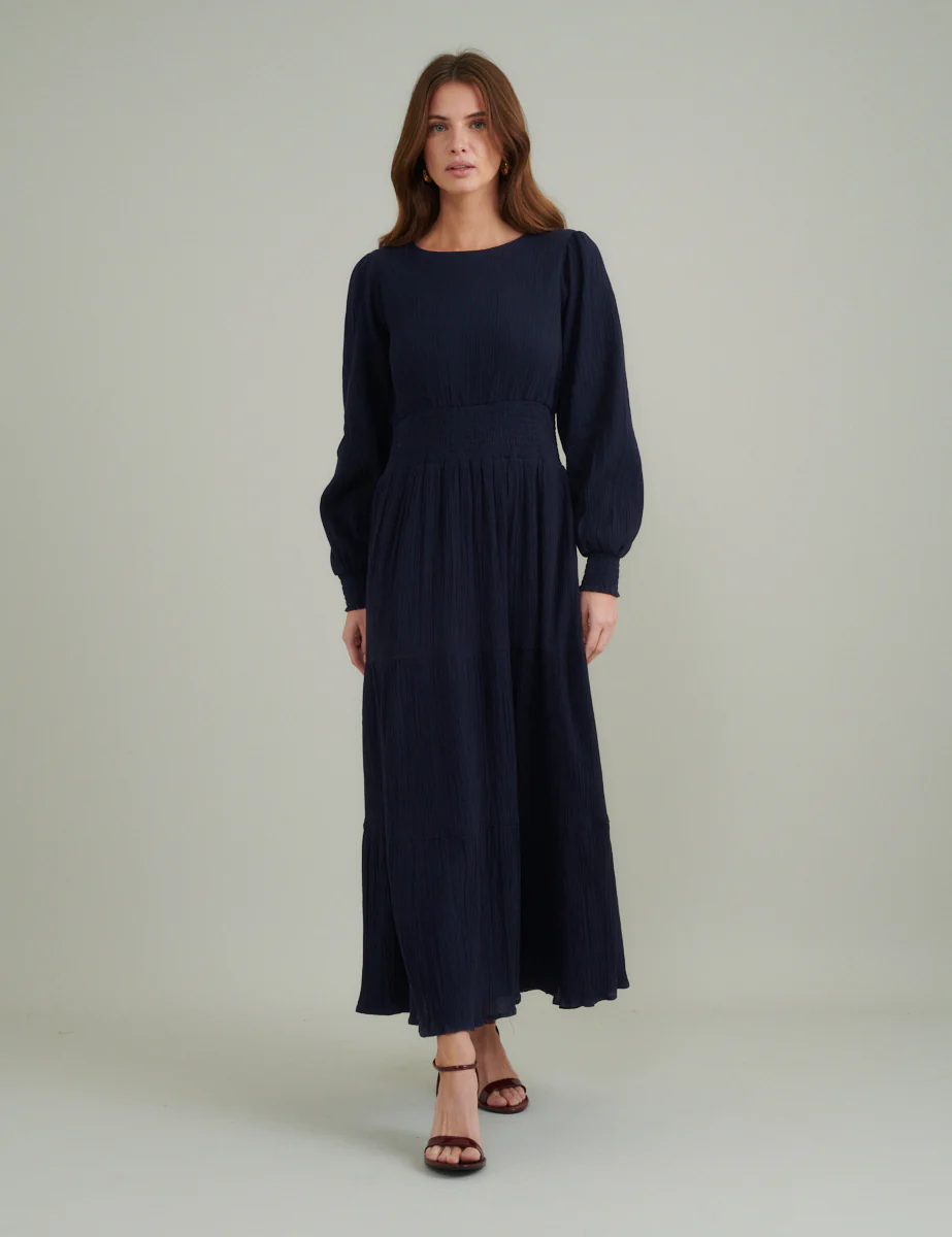 Navy Ruched Long Sleeve Nel Midi Dress - Image 3