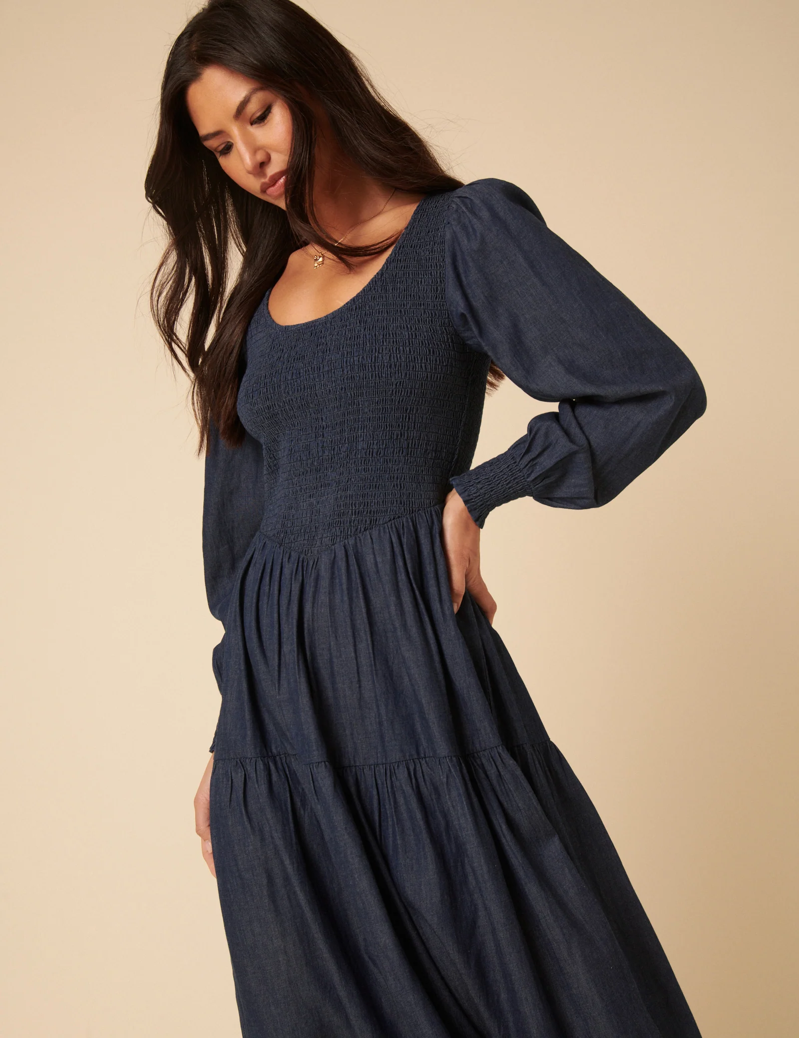 Dark Blue Denim Shirred Tiered Lilly Midi Dress - Image 4