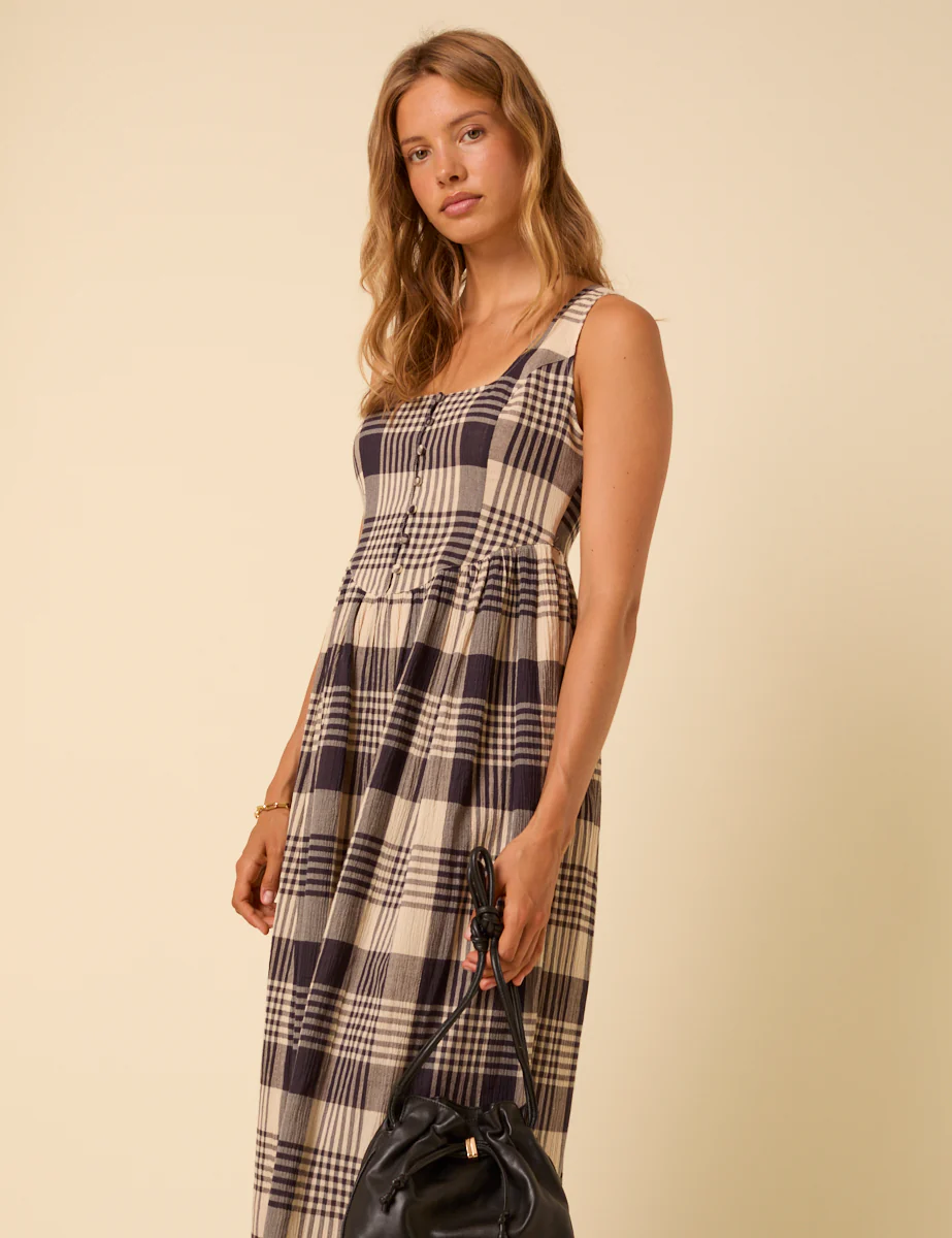 Navy and Cream Tartan Check Cora Midi Dress - Image 4