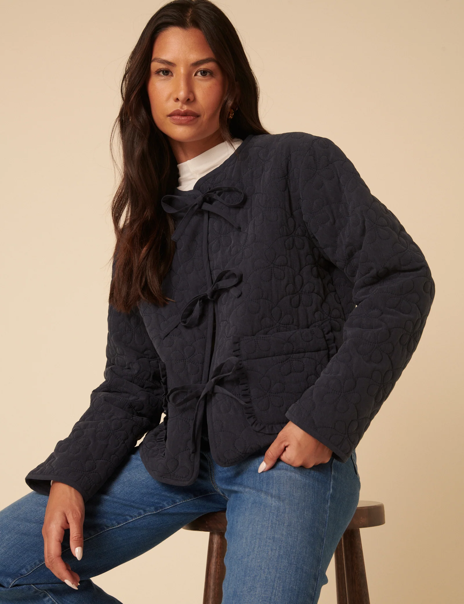Navy Tie-Front Quilted Jacket - Image 2