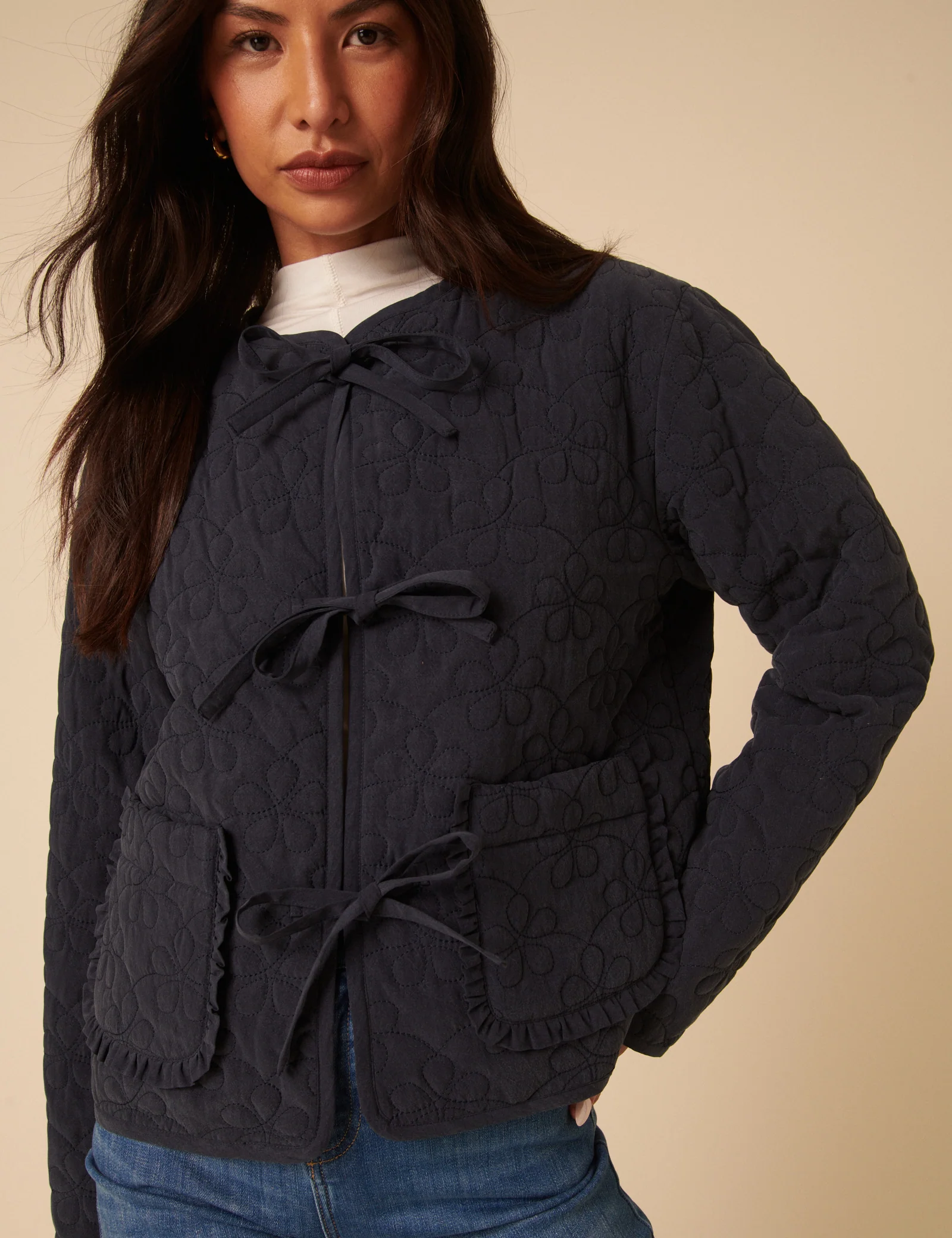 Navy Tie-Front Quilted Jacket - Image 3