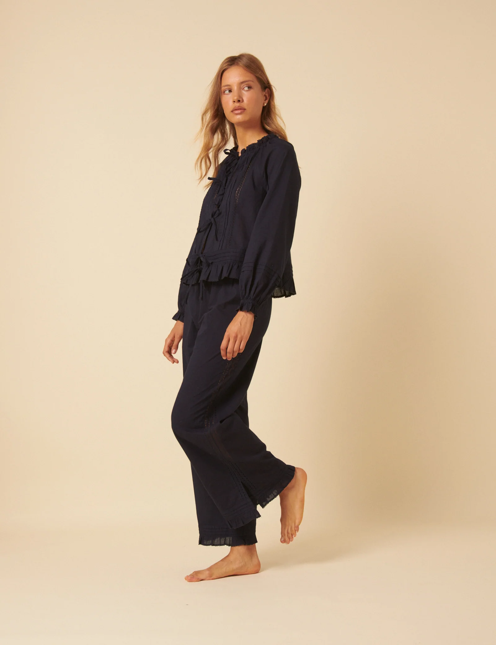 Navy Tie Front Ruffle Trim Detail Pyjama Set - Image 2