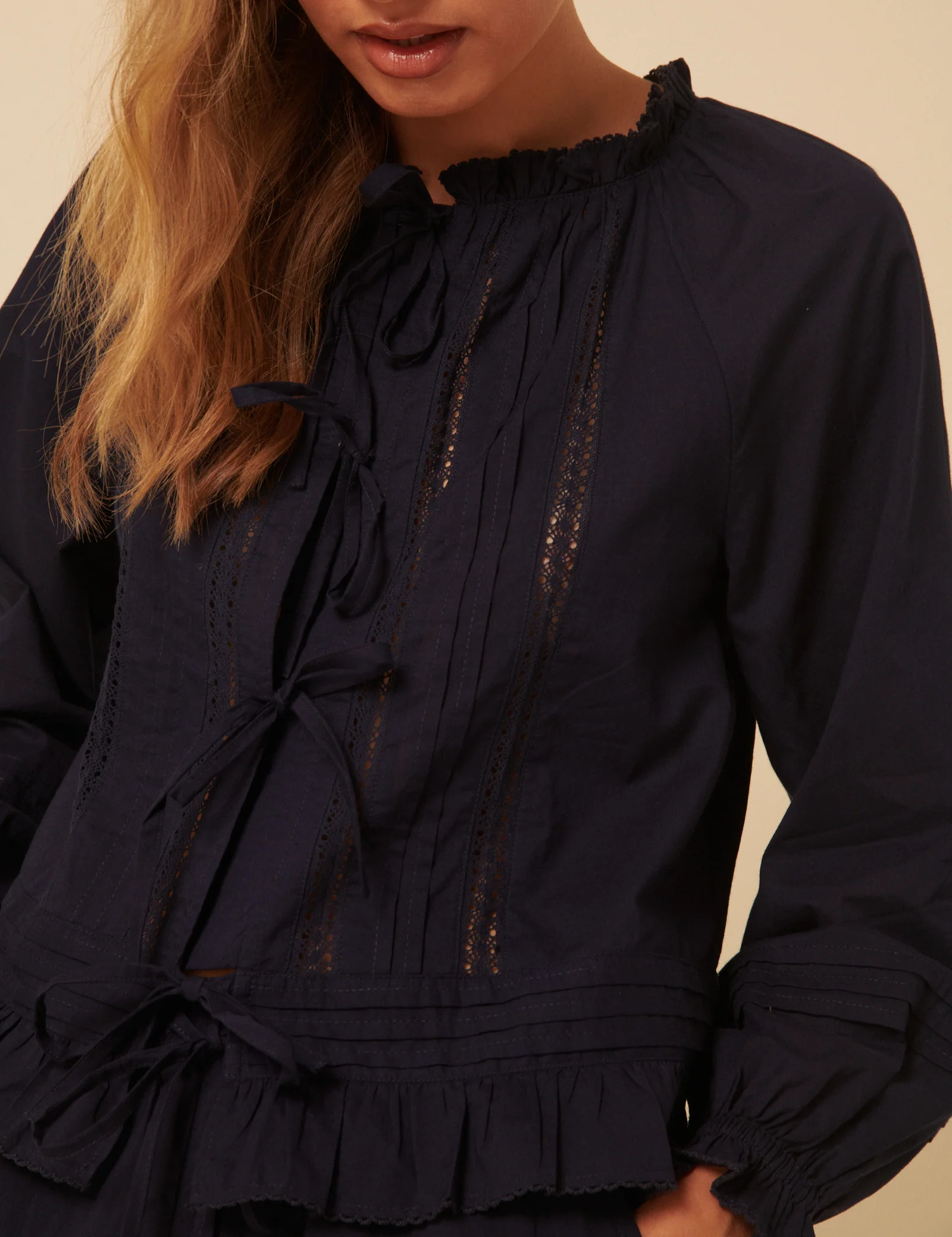 Navy Tie Front Ruffle Trim Detail Pyjama Set - Image 3