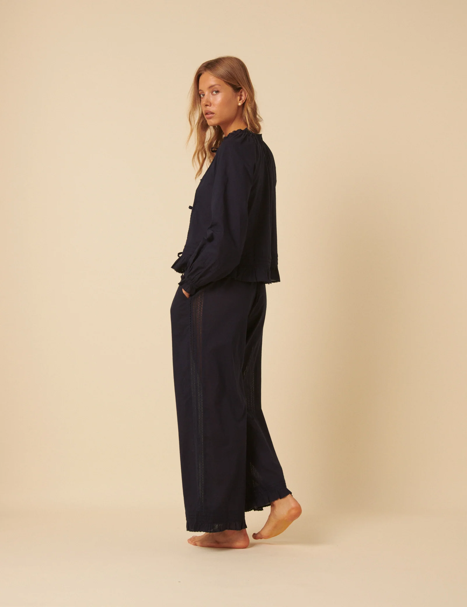 Navy Tie Front Ruffle Trim Detail Pyjama Set - Image 5