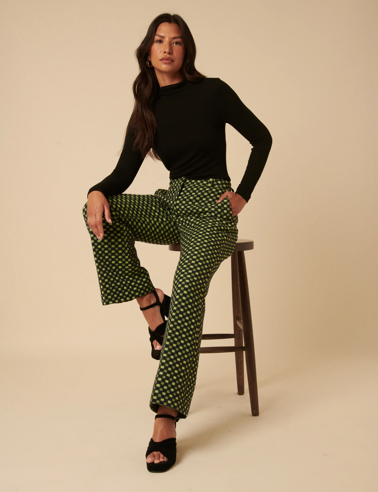 NC x Lisou Black and Lime Green Jacquard Checkerboard Tailored Trousers - Image 4