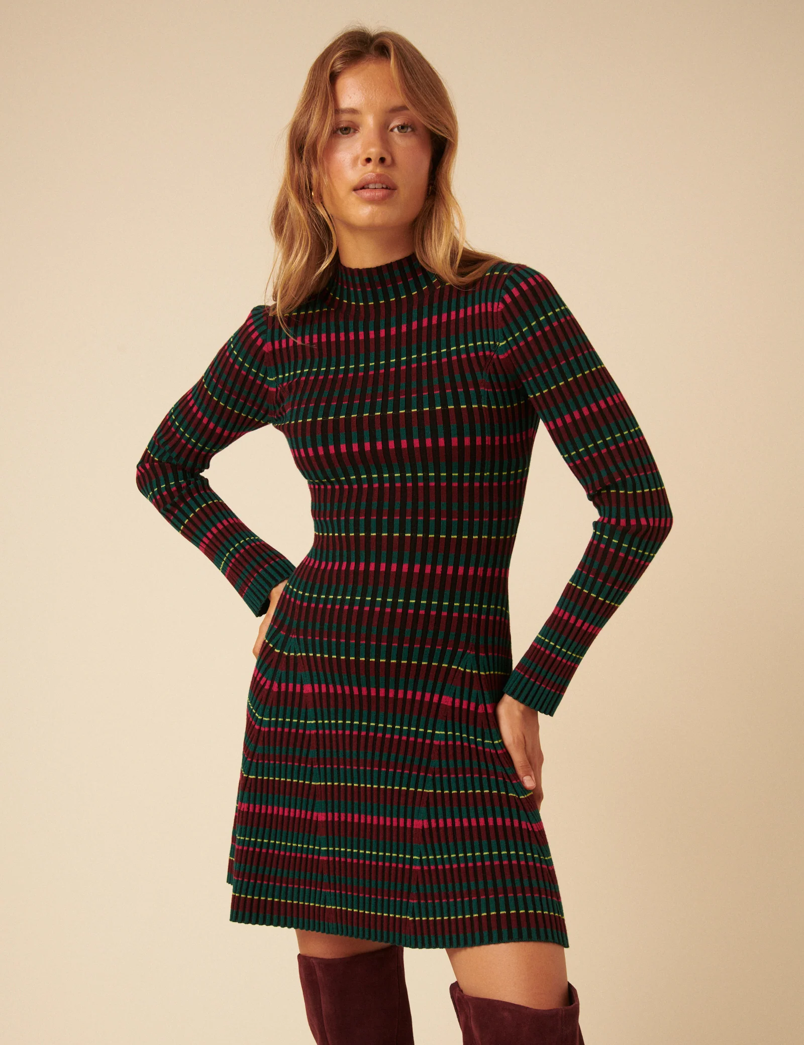 NC x Lisou Burgundy Striped Knitted Pleated Mini Dress - Image 2
