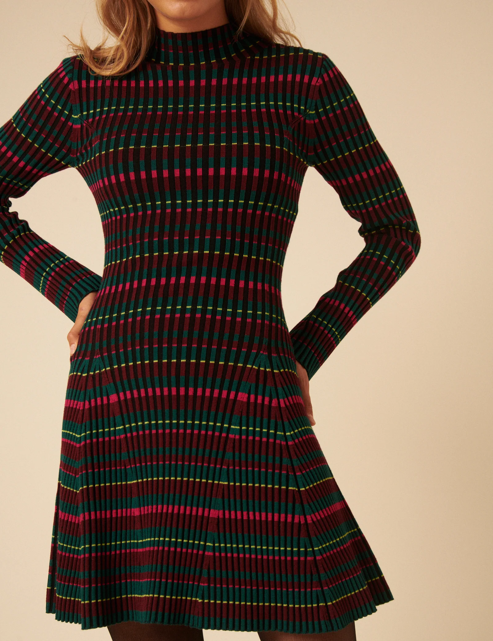 NC x Lisou Burgundy Striped Knitted Pleated Mini Dress - Image 4