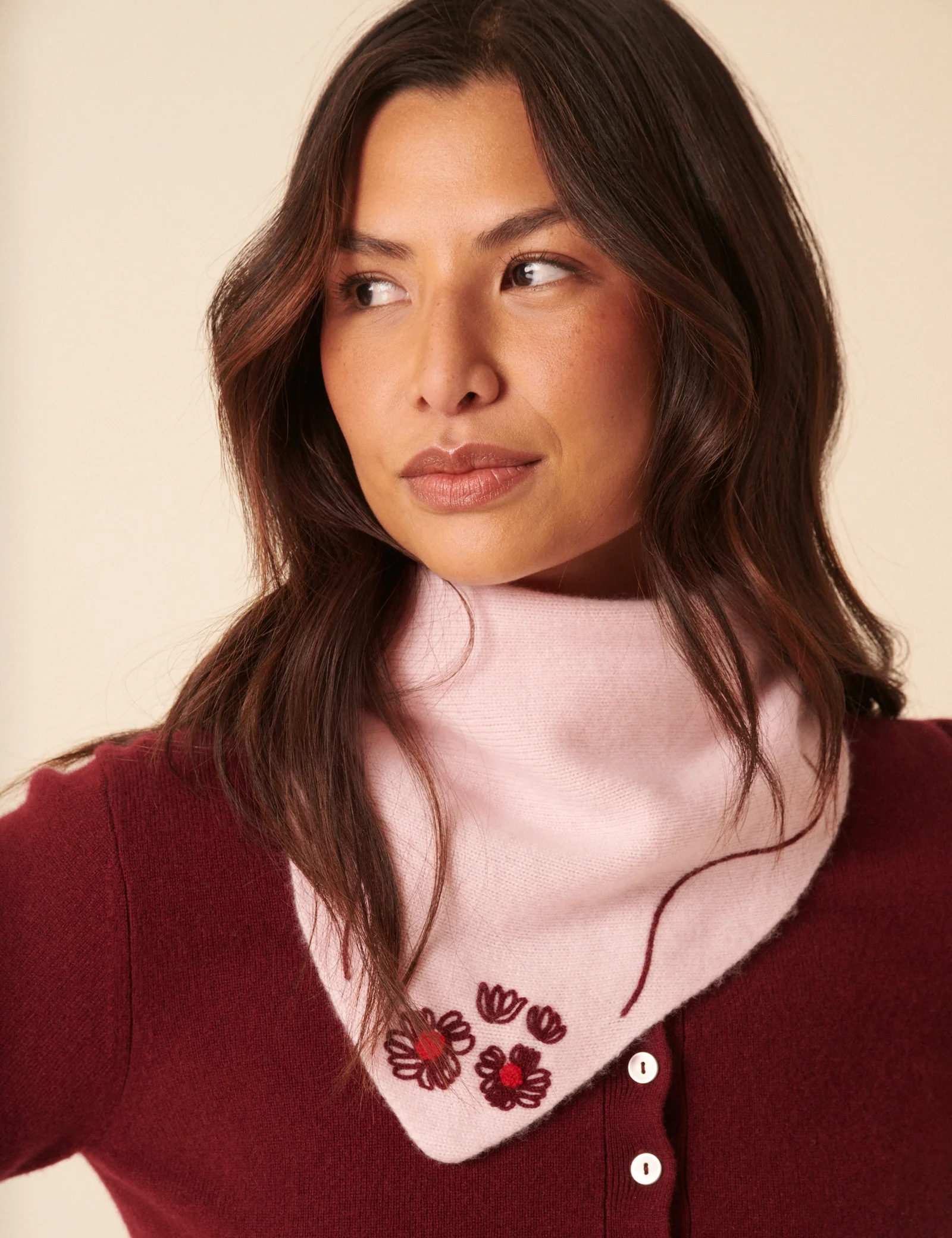 NC x TBCo Pink Floral Wool Triangle Scarf - Image 4