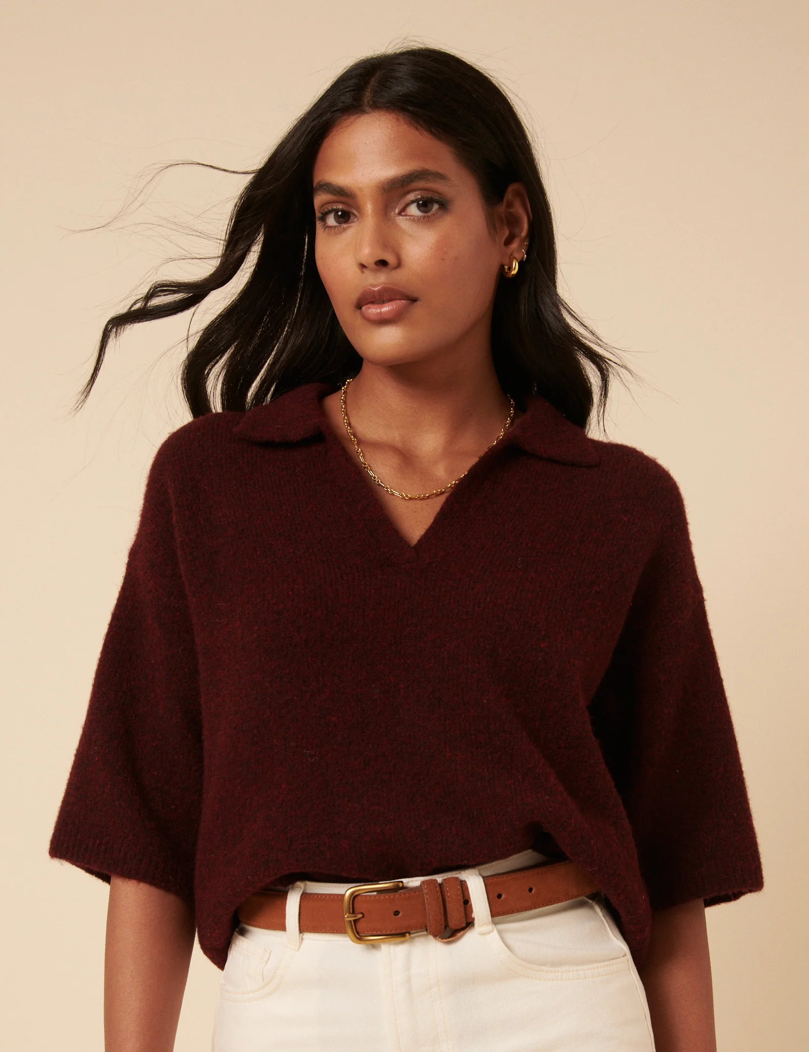 Burgundy Open Collar Polo Knitted T-Shirt - Image 2