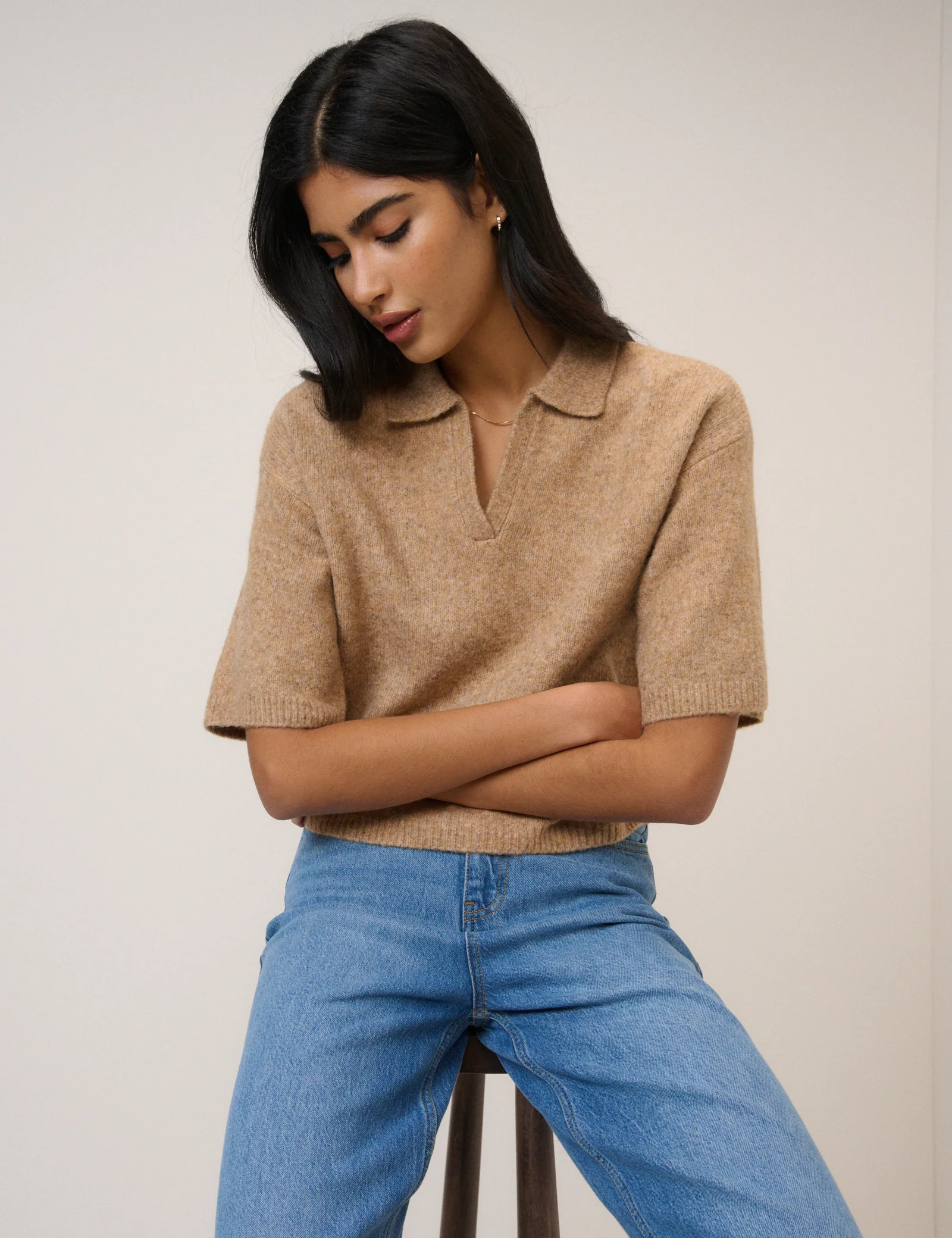 Brown Open Collar Polo Knitted T-Shirt - Image 4