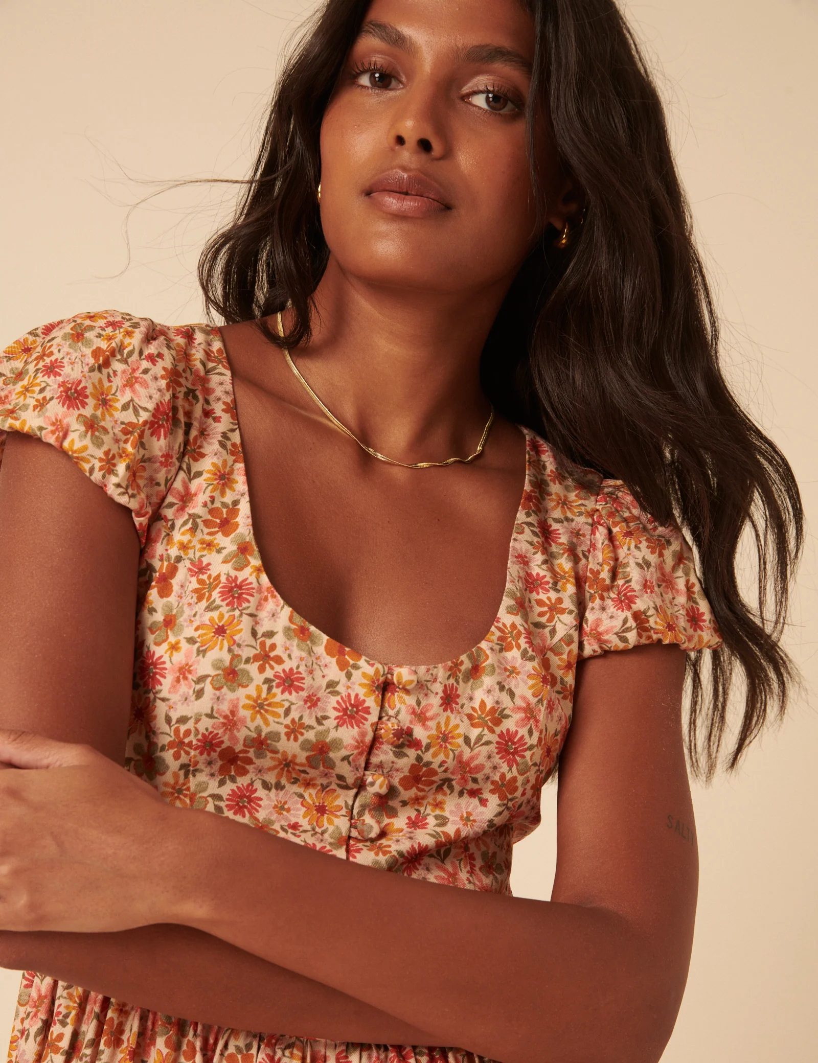 Orange Floral Puff Sleeve Cora Midi Dress - Image 3