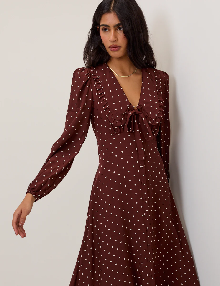 Brown Polka Dot Ottilie Midi Dress - Image 3