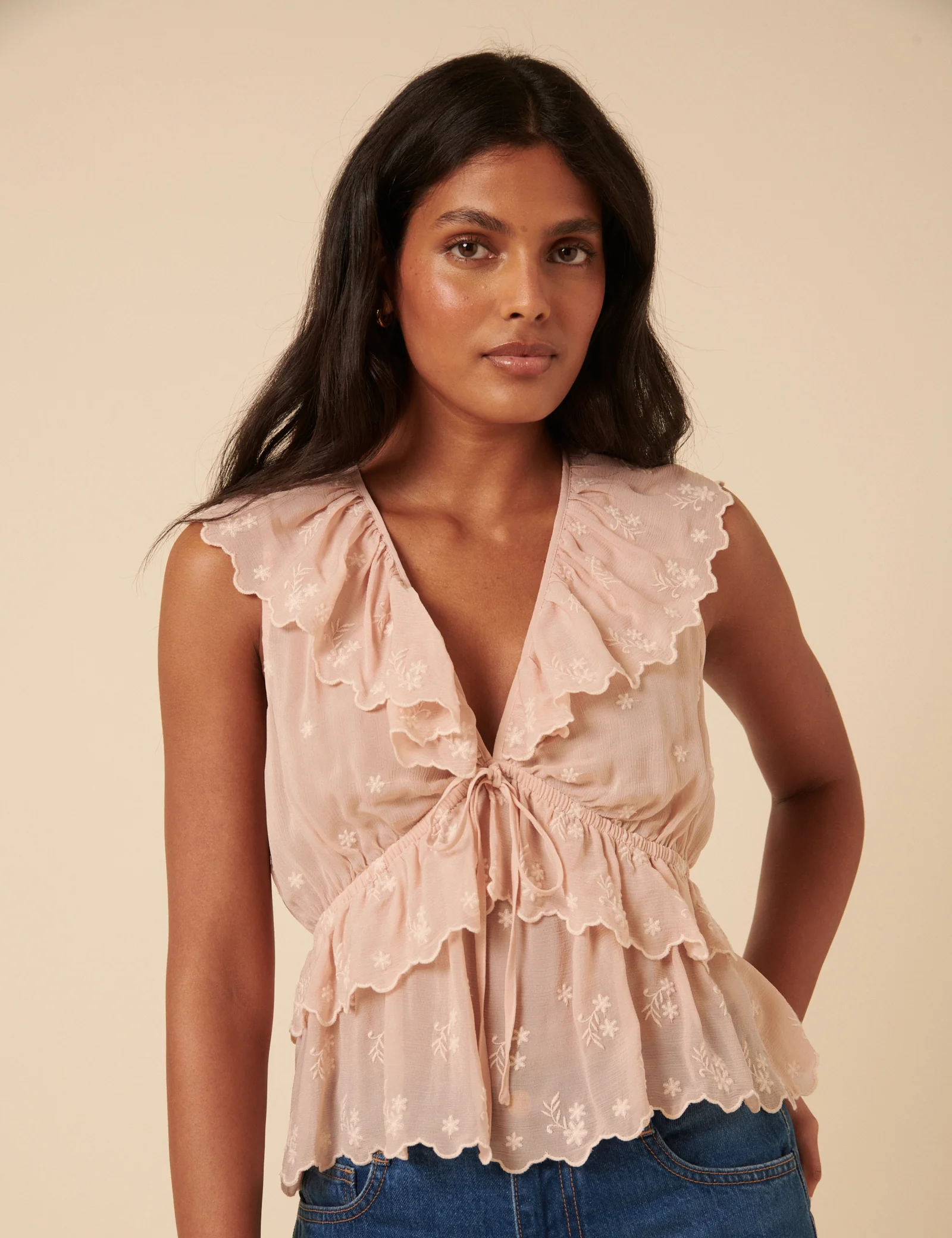 Pale Pink Embroidered Chiffon Top - Image 3