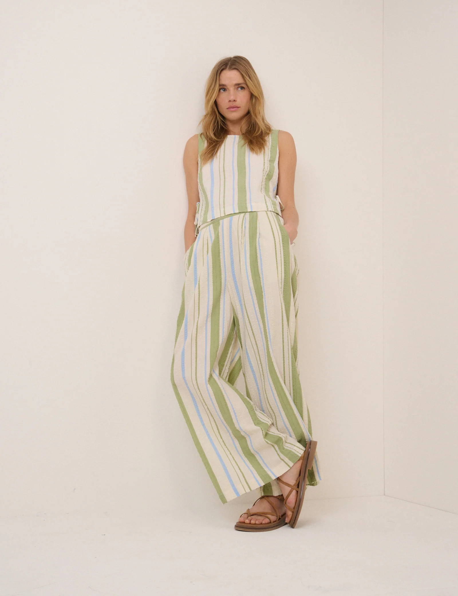 Green and Blue Striped Wide Leg Parker Trousers - Image 3