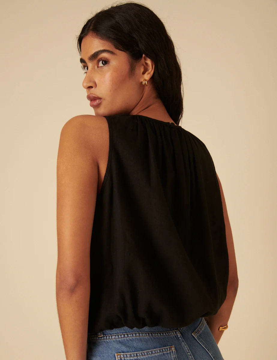 Black Linen-Blend Sleeveless Bubble Hem Pleated Top - Image 5