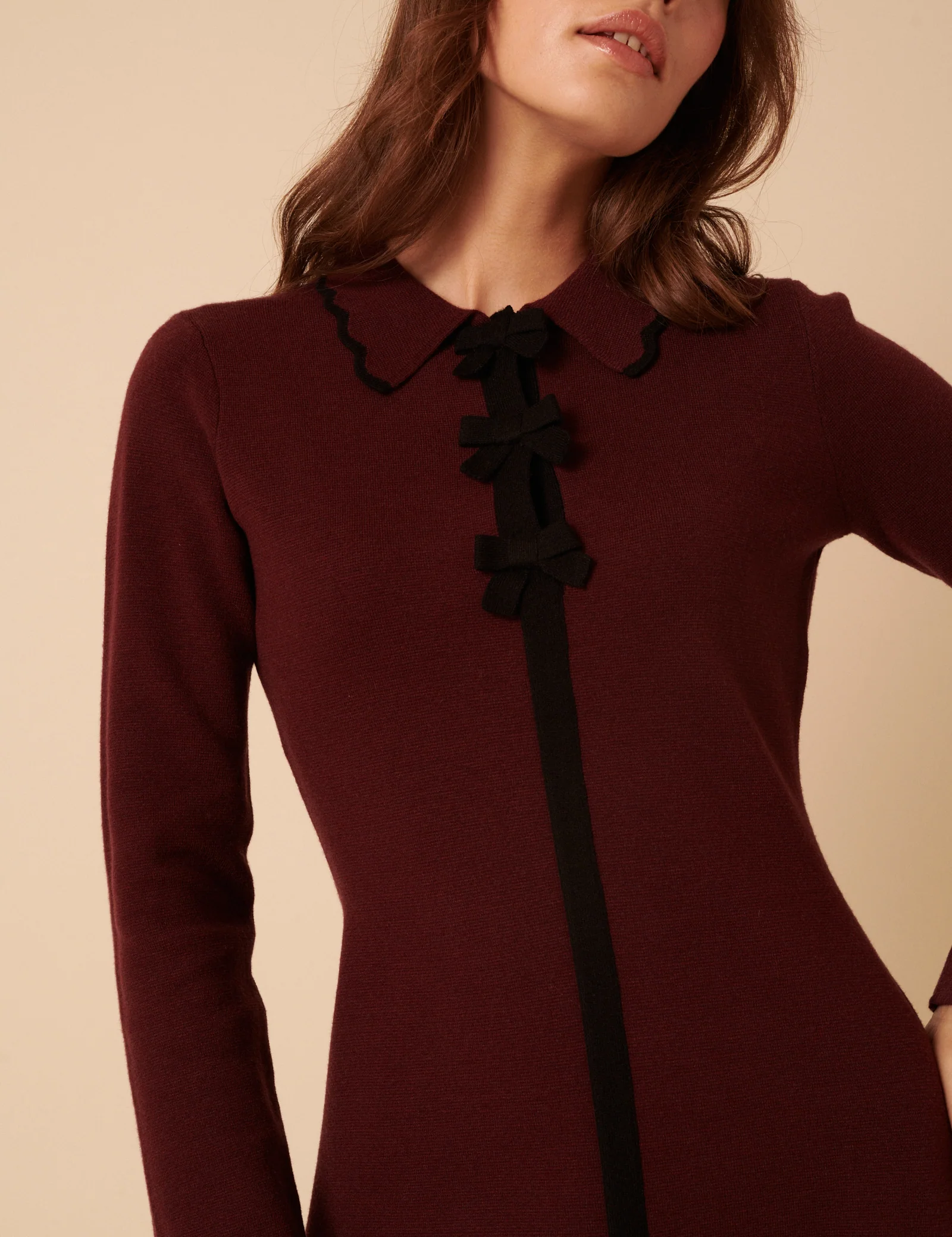 Petite Burgundy Bow Front Knitted Mini Dress - Image 2