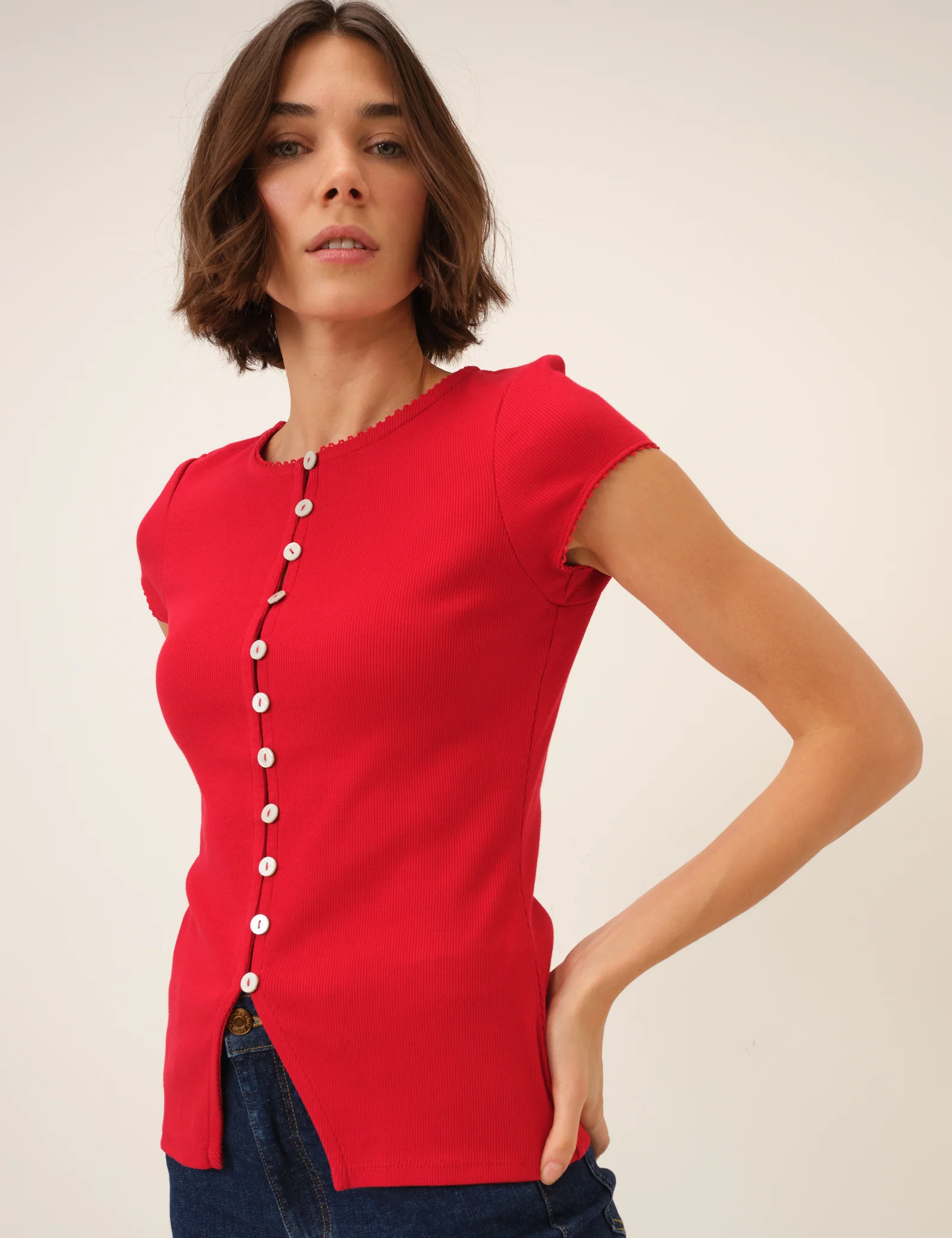 Picot Trim Cap Sleeve Top