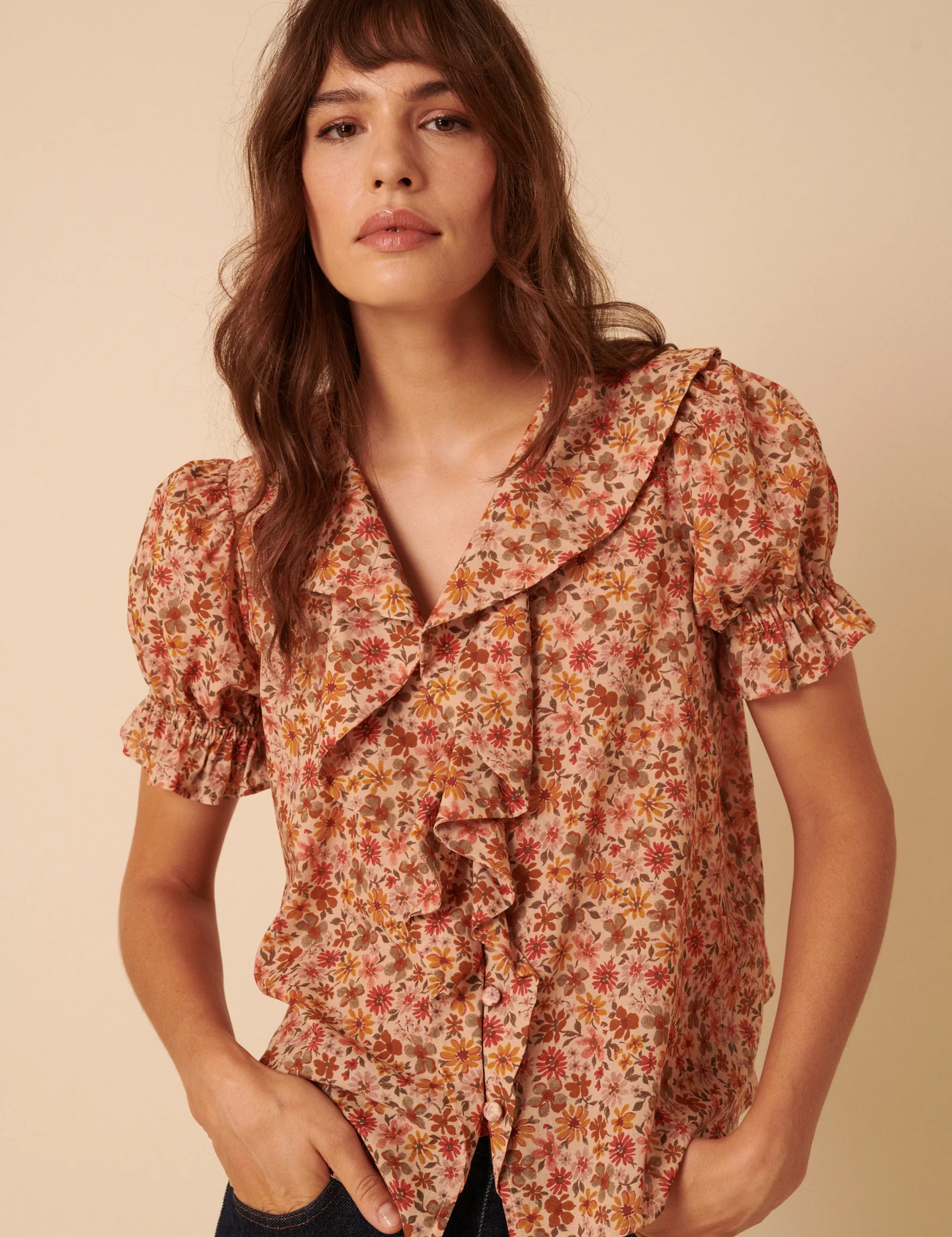 Pink Floral Ruffle Trim Top - Image 3