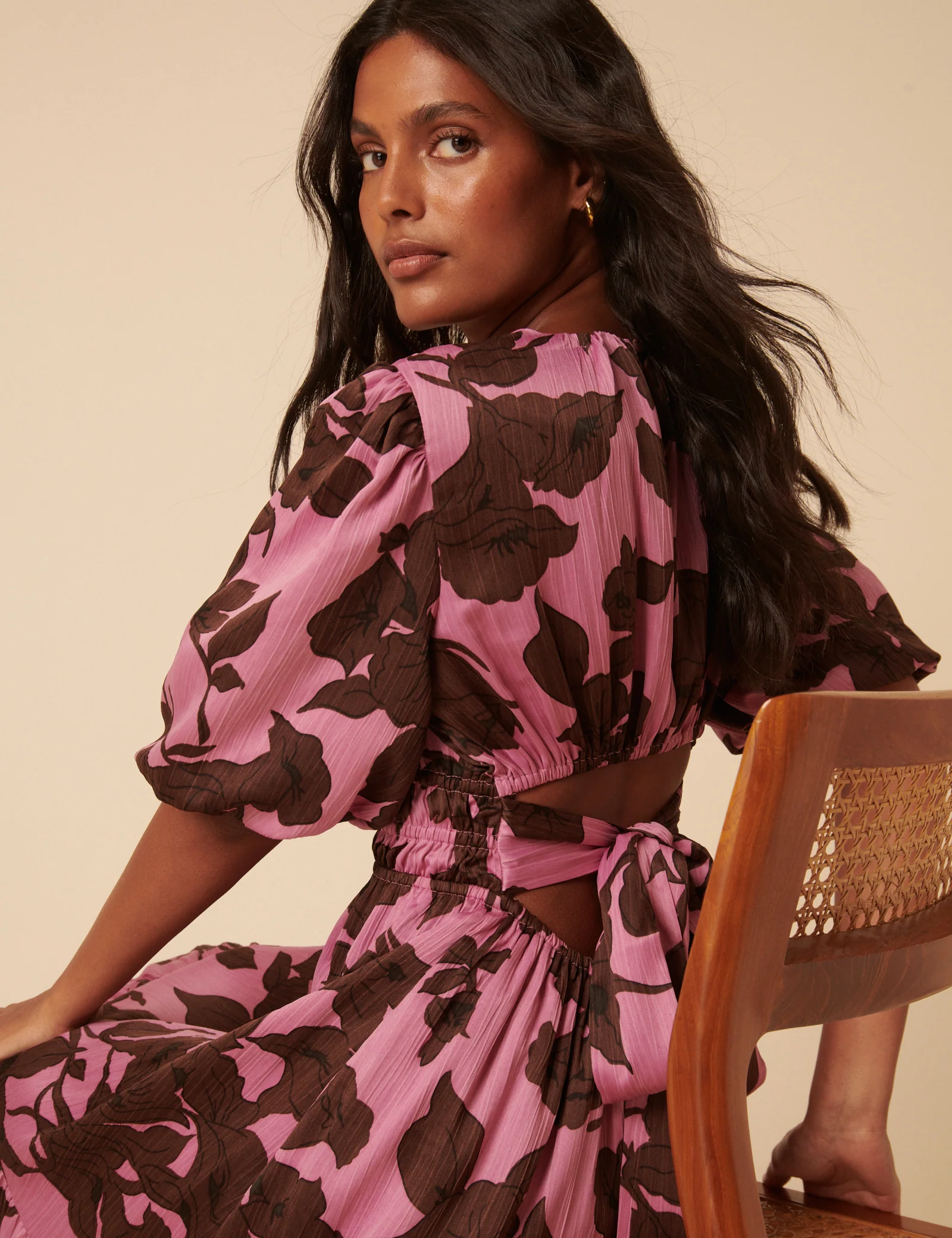 Pink Floral Puff Sleeve Zelda Midi Dress - Image 2