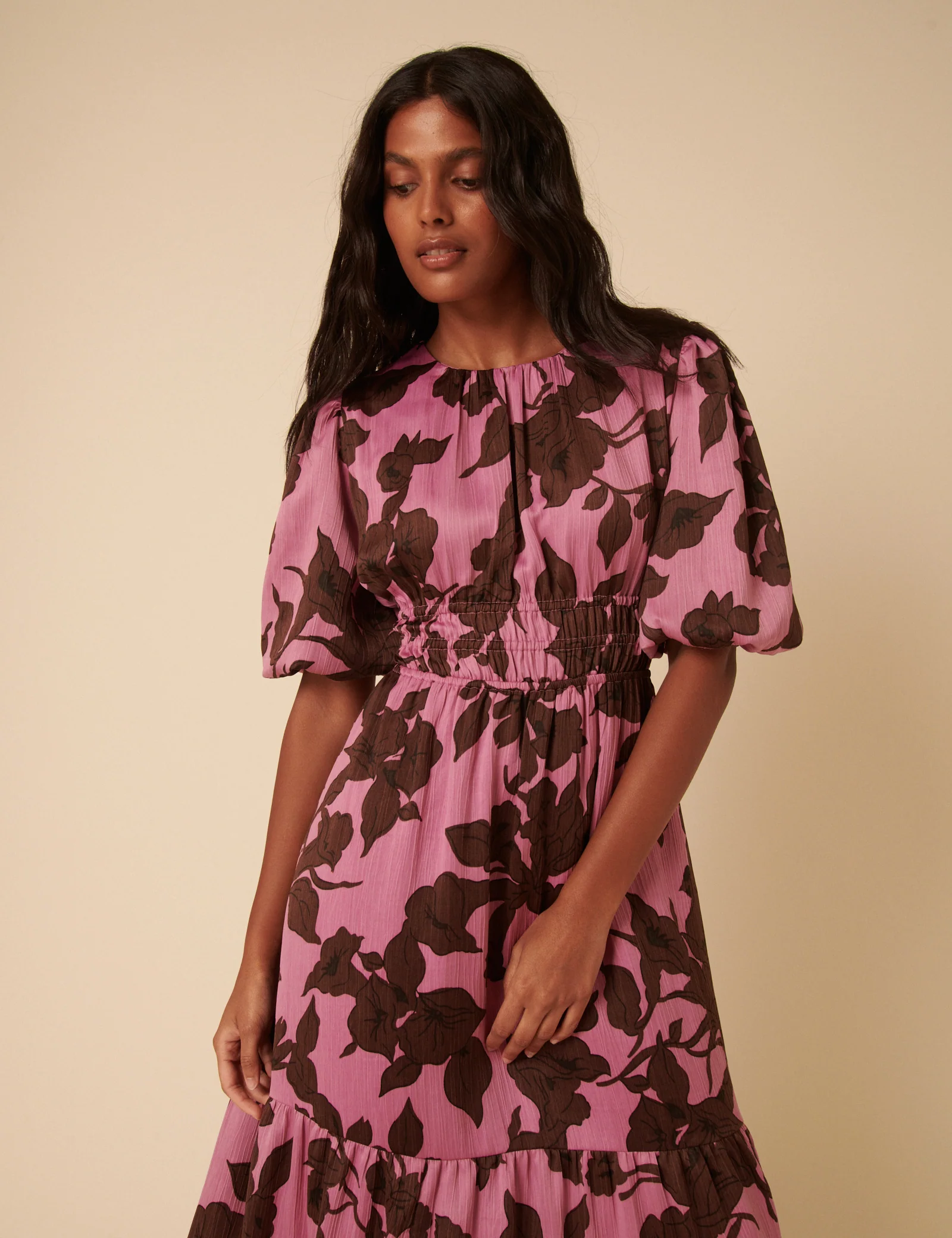 Pink Floral Puff Sleeve Zelda Midi Dress - Image 4