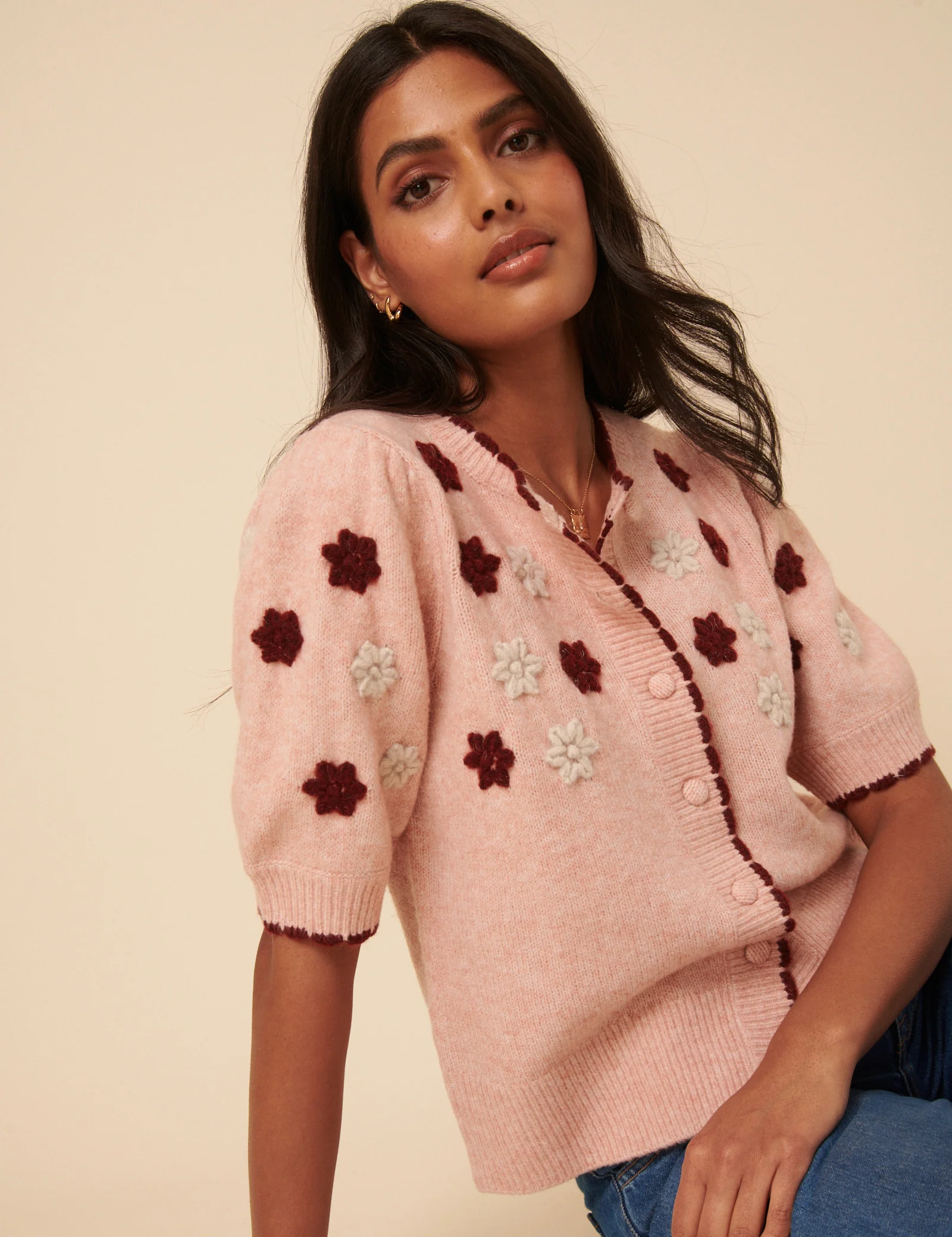 Pink Floral Yoke Embroidered Short Sleeve Cardigan - Image 4
