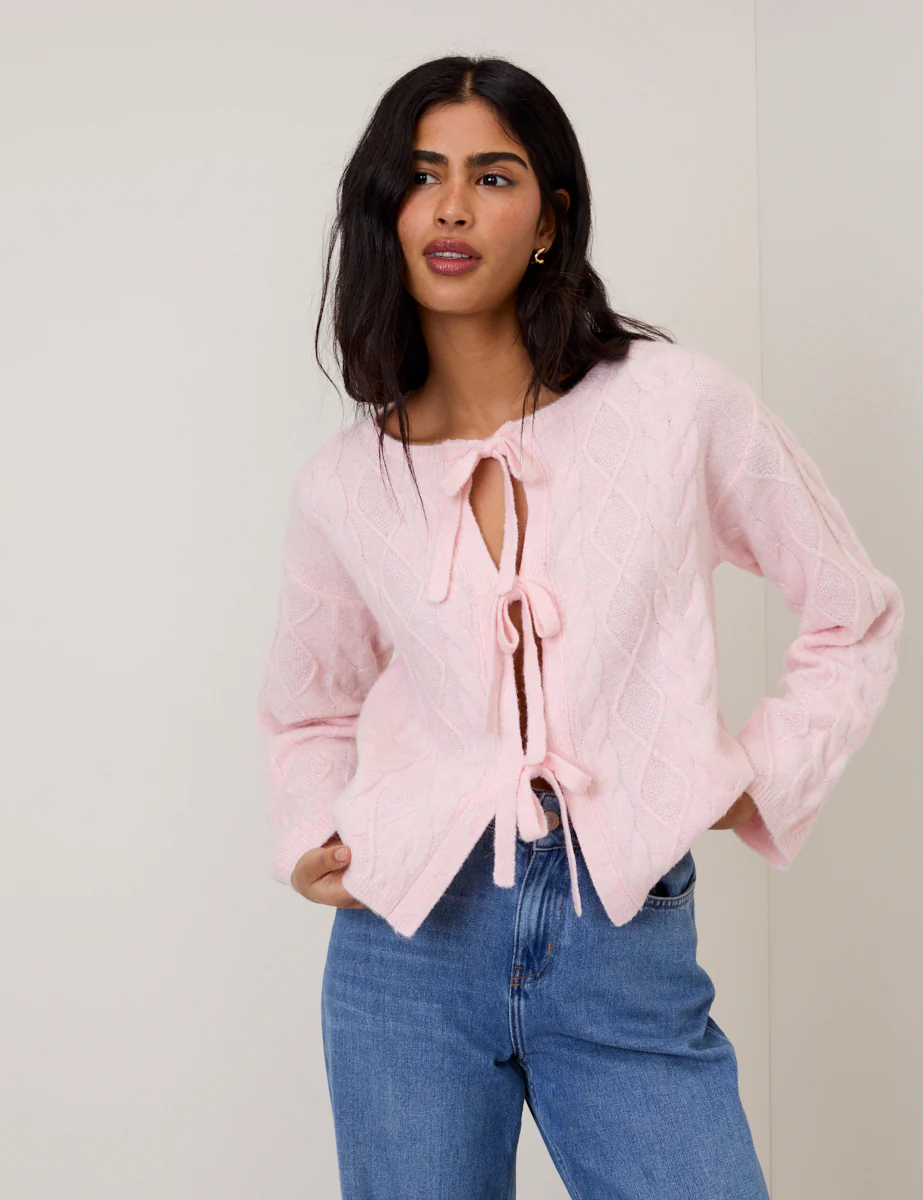 Pink Tie Front Cable Knitted Cardigan - Image 4