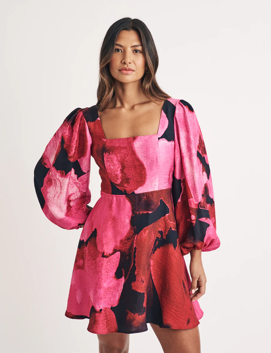 Pink Watercolour Floral Loredana Mini Dress - Image 3