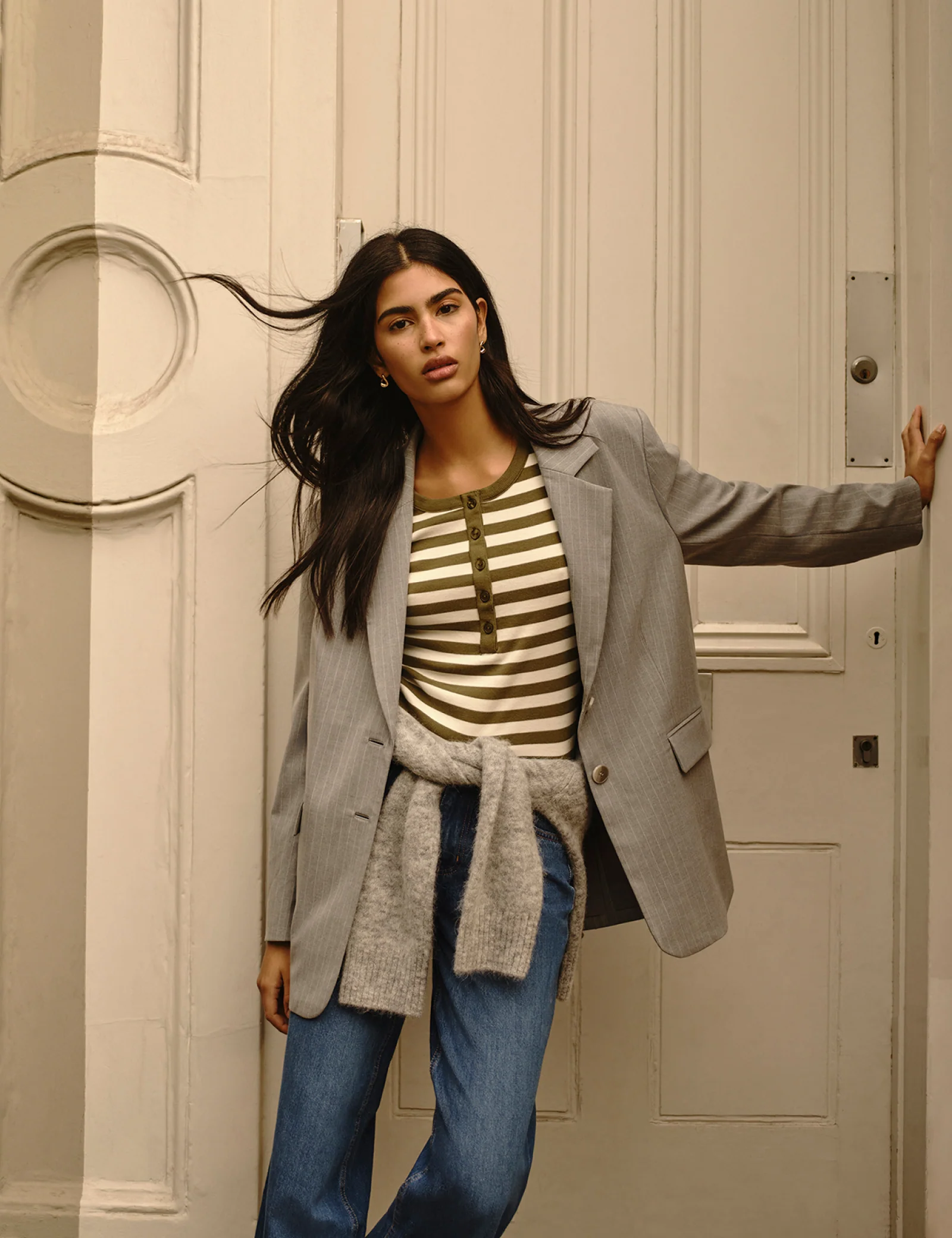 Grey Pinstripe Boyfriend Blazer - Image 2