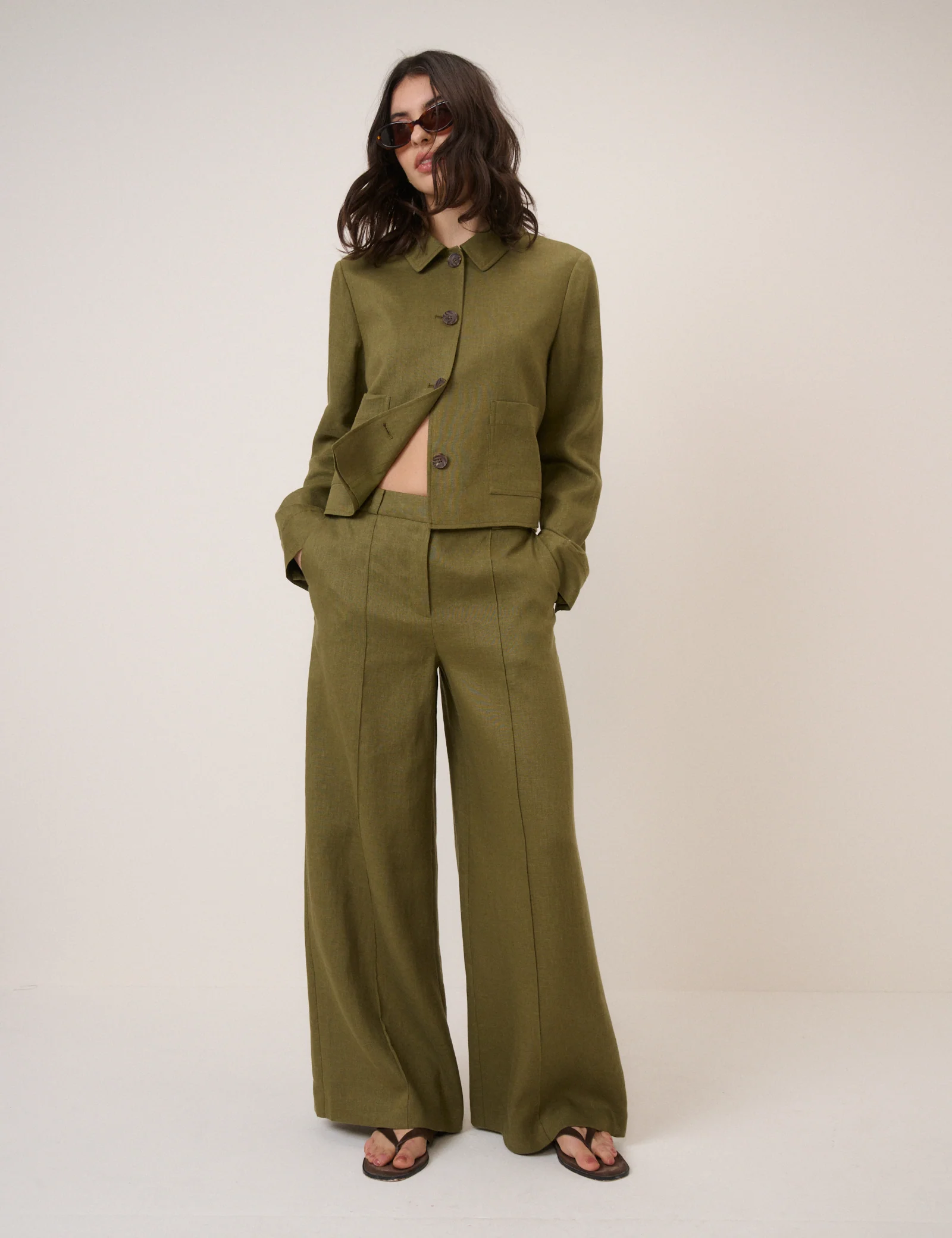 Khaki Linen-Blend Wide Leg Tailored Trousers - Image 2