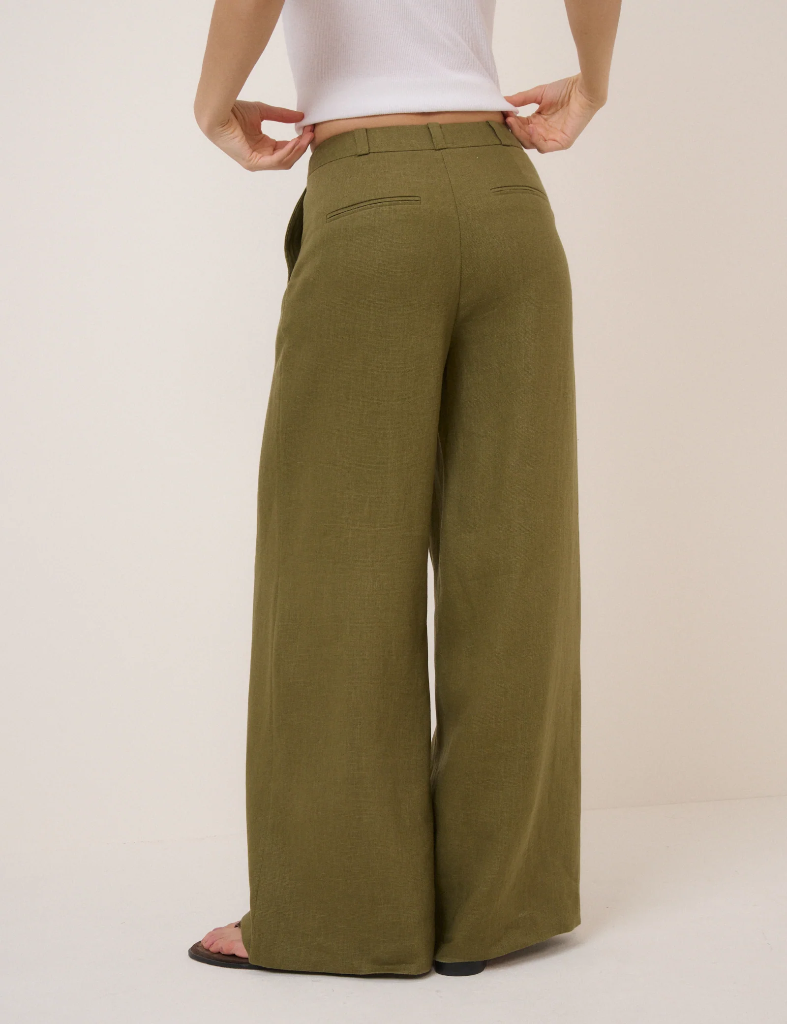 Khaki Linen-Blend Wide Leg Tailored Trousers - Image 5