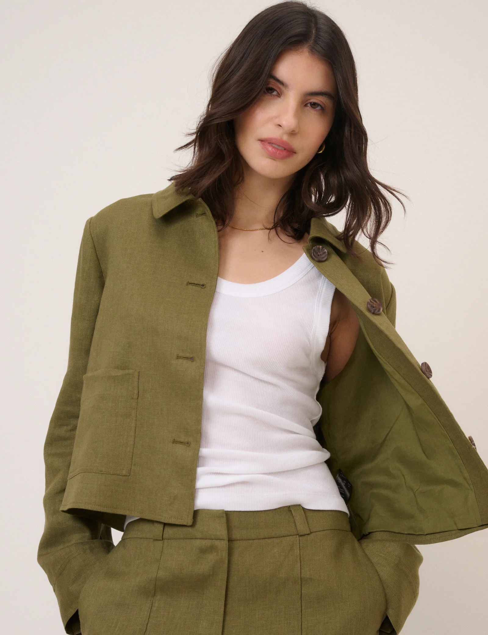 Khaki Linen-Blend Boxy Jacket