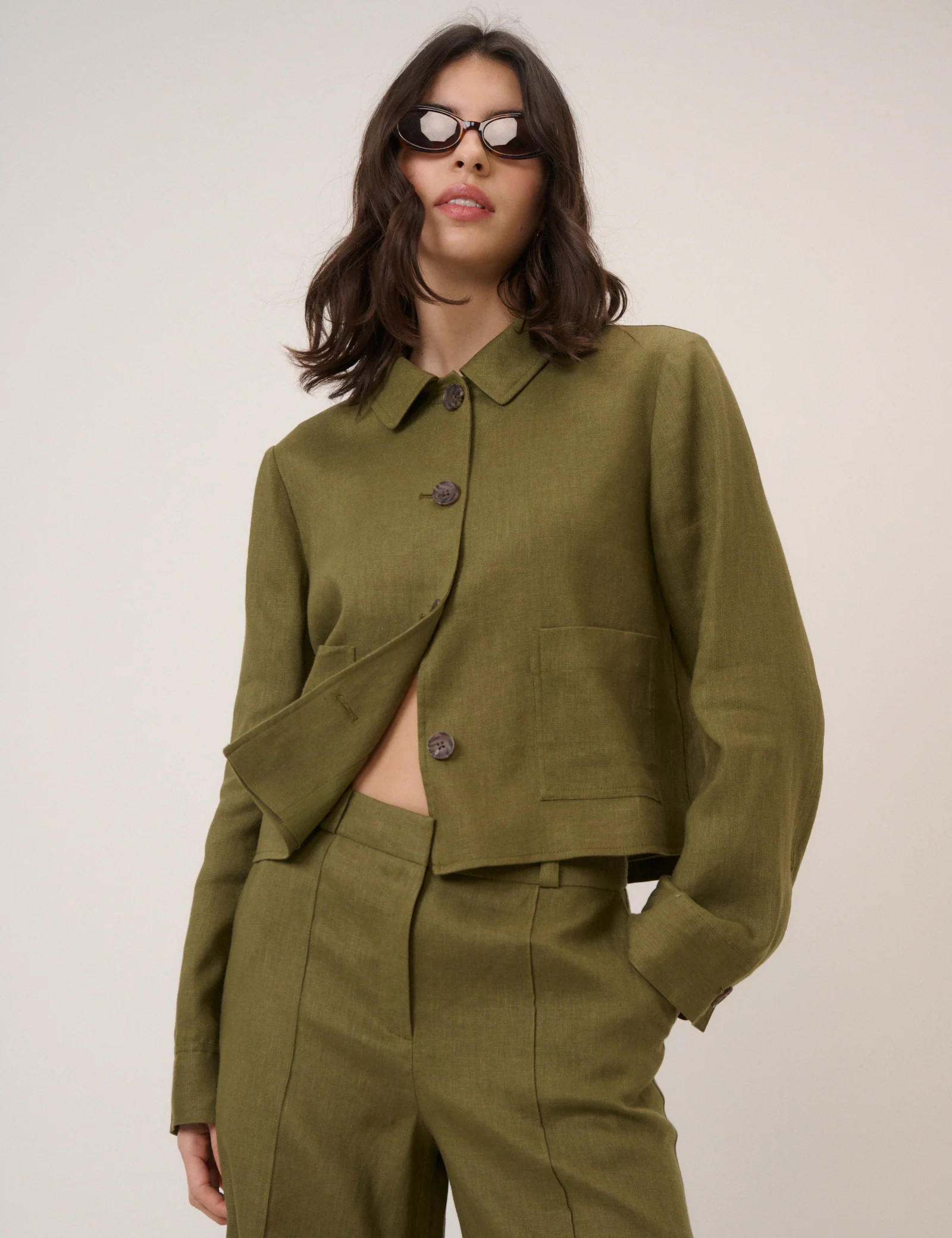 Khaki Linen-Blend Boxy Jacket - Image 3