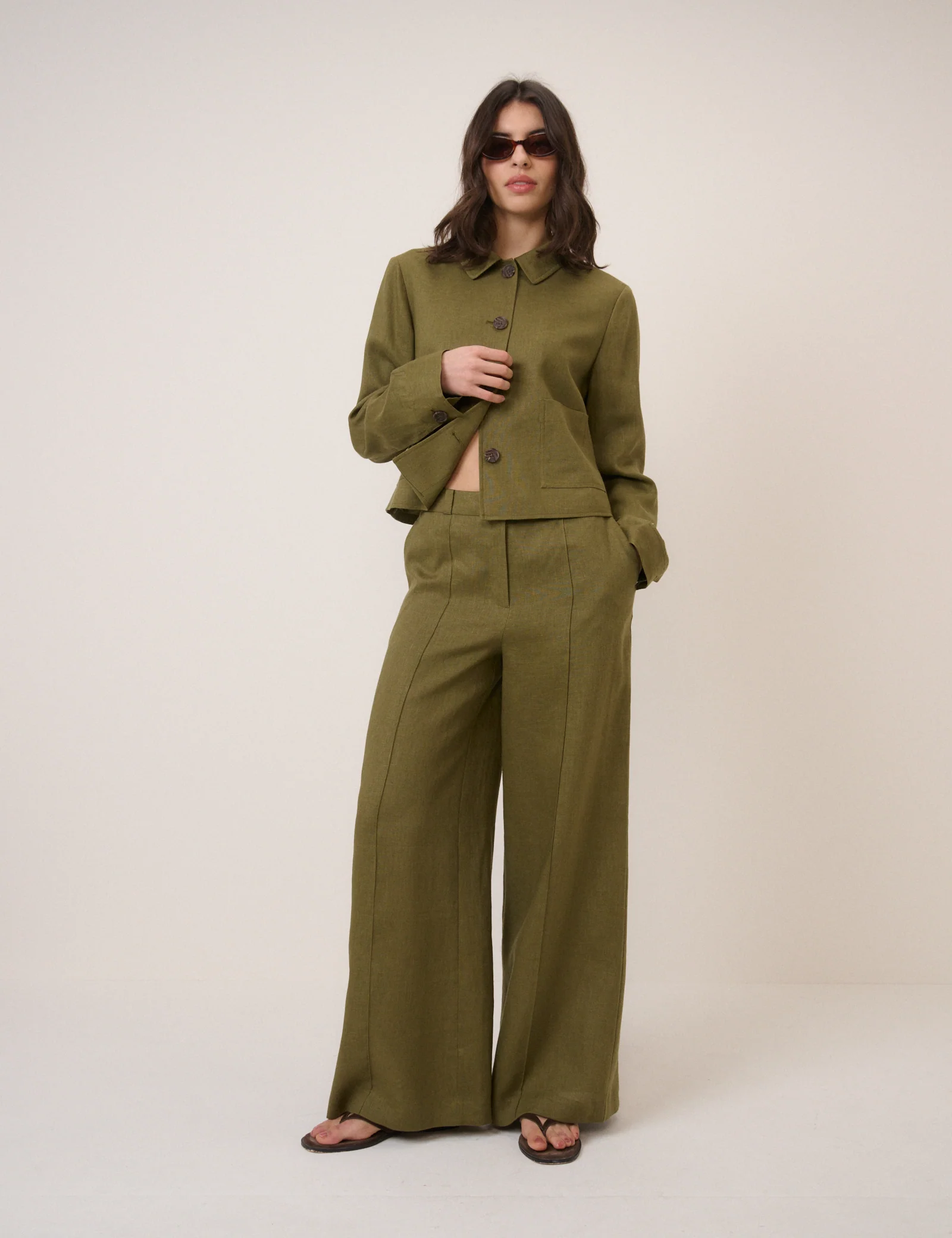 Khaki Linen-Blend Boxy Jacket - Image 4