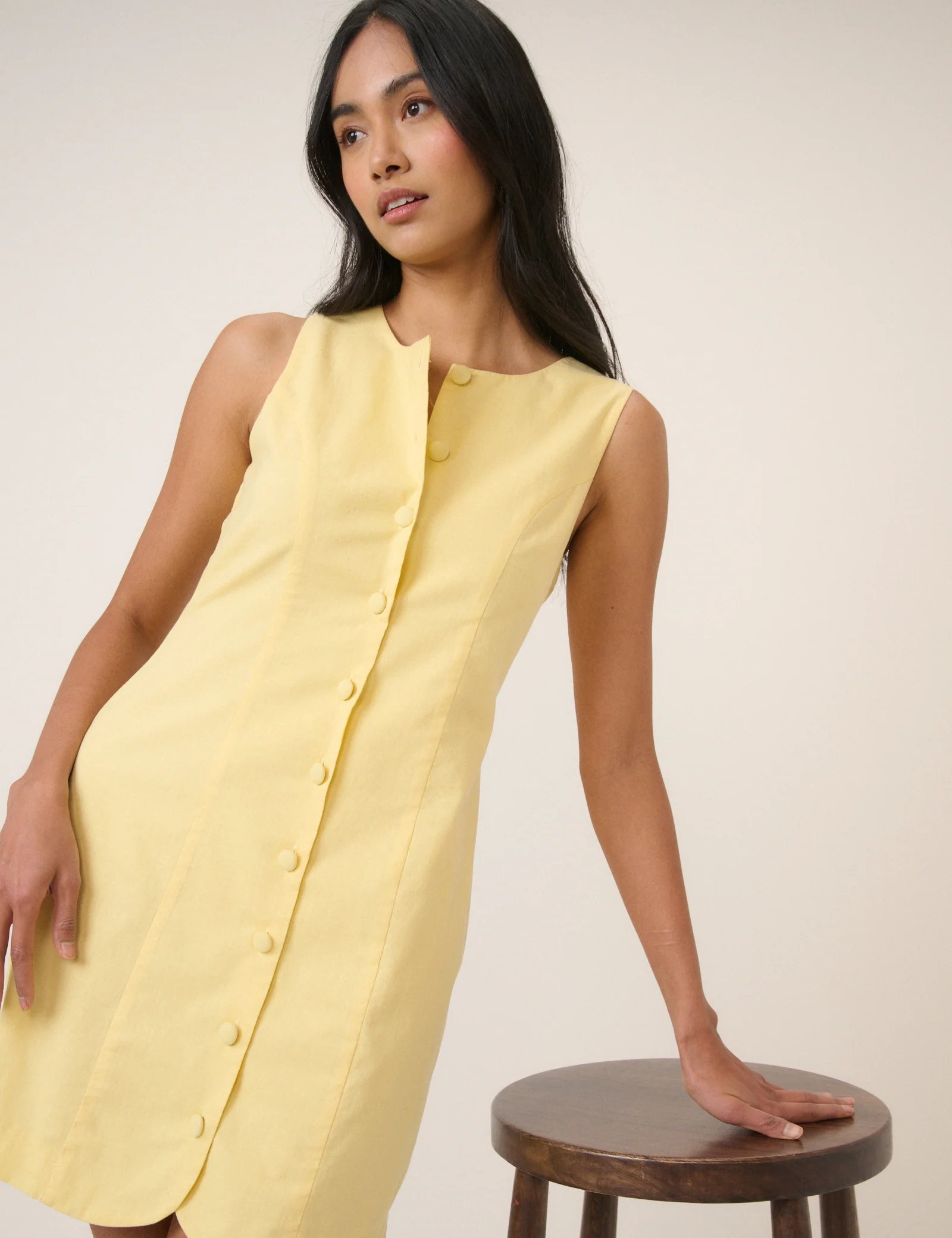 Yellow Button Through Linen-Blend Tailored Polly Mini Dress - Image 2