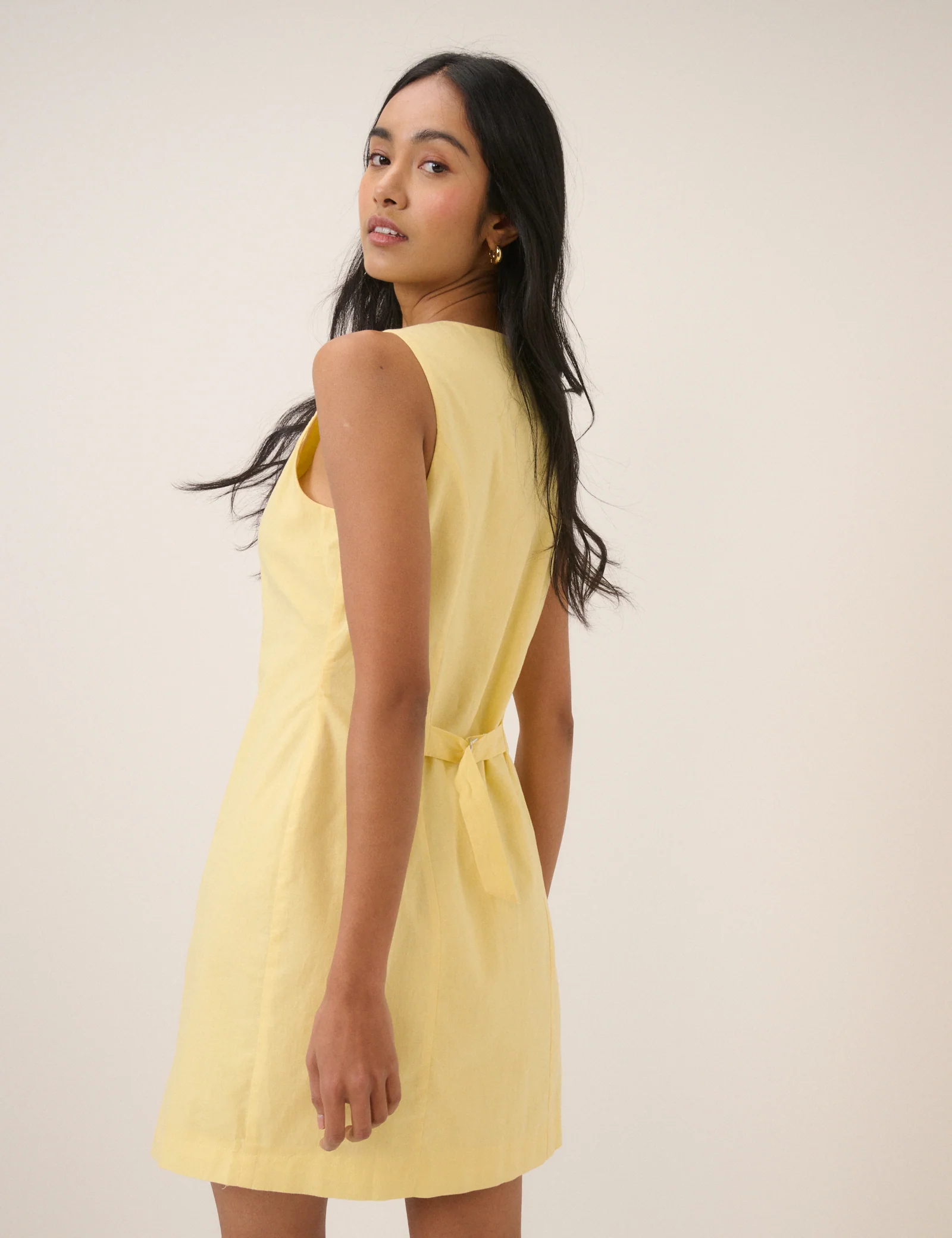 Yellow Button Through Linen-Blend Tailored Polly Mini Dress - Image 3