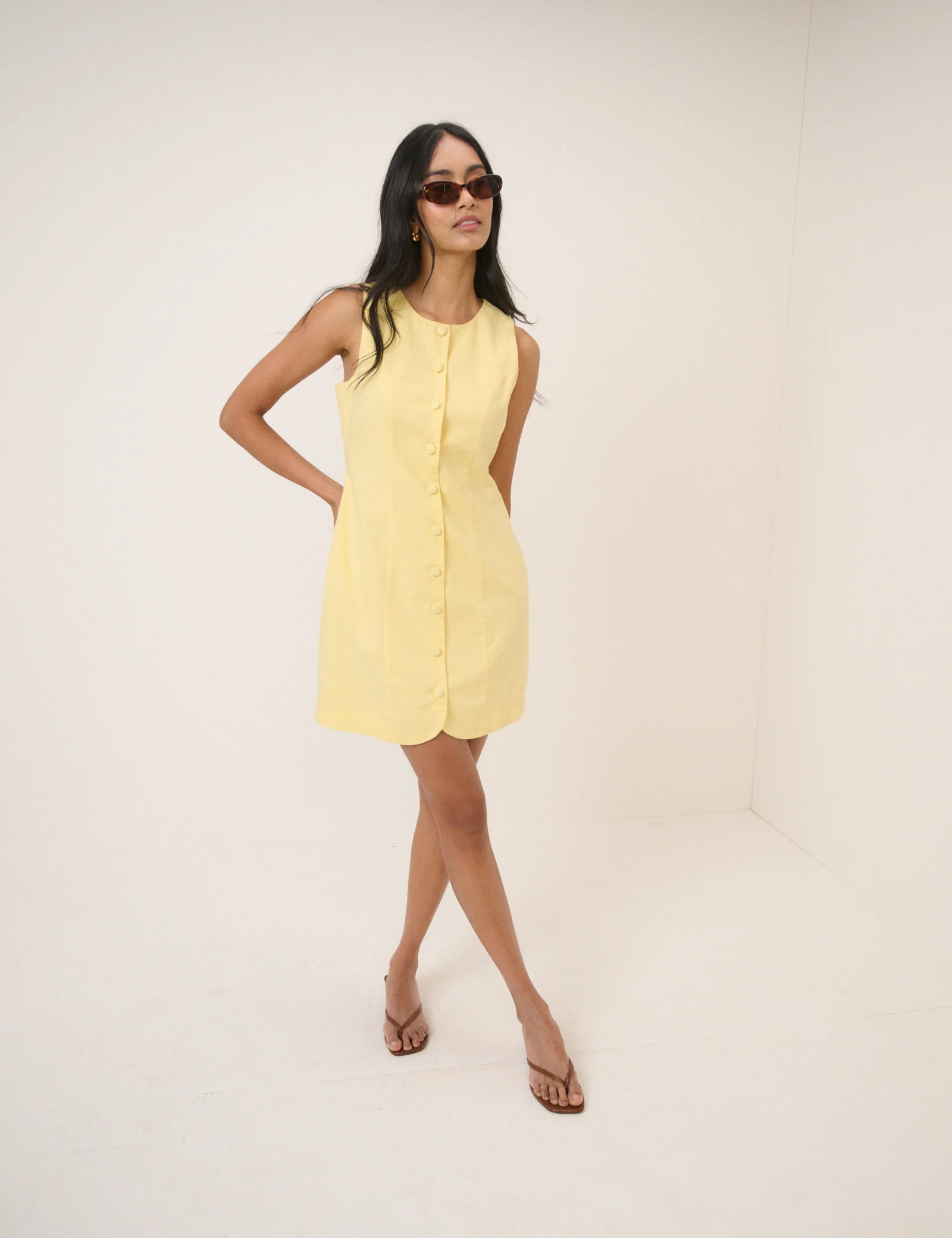 Yellow Button Through Linen-Blend Tailored Polly Mini Dress - Image 5