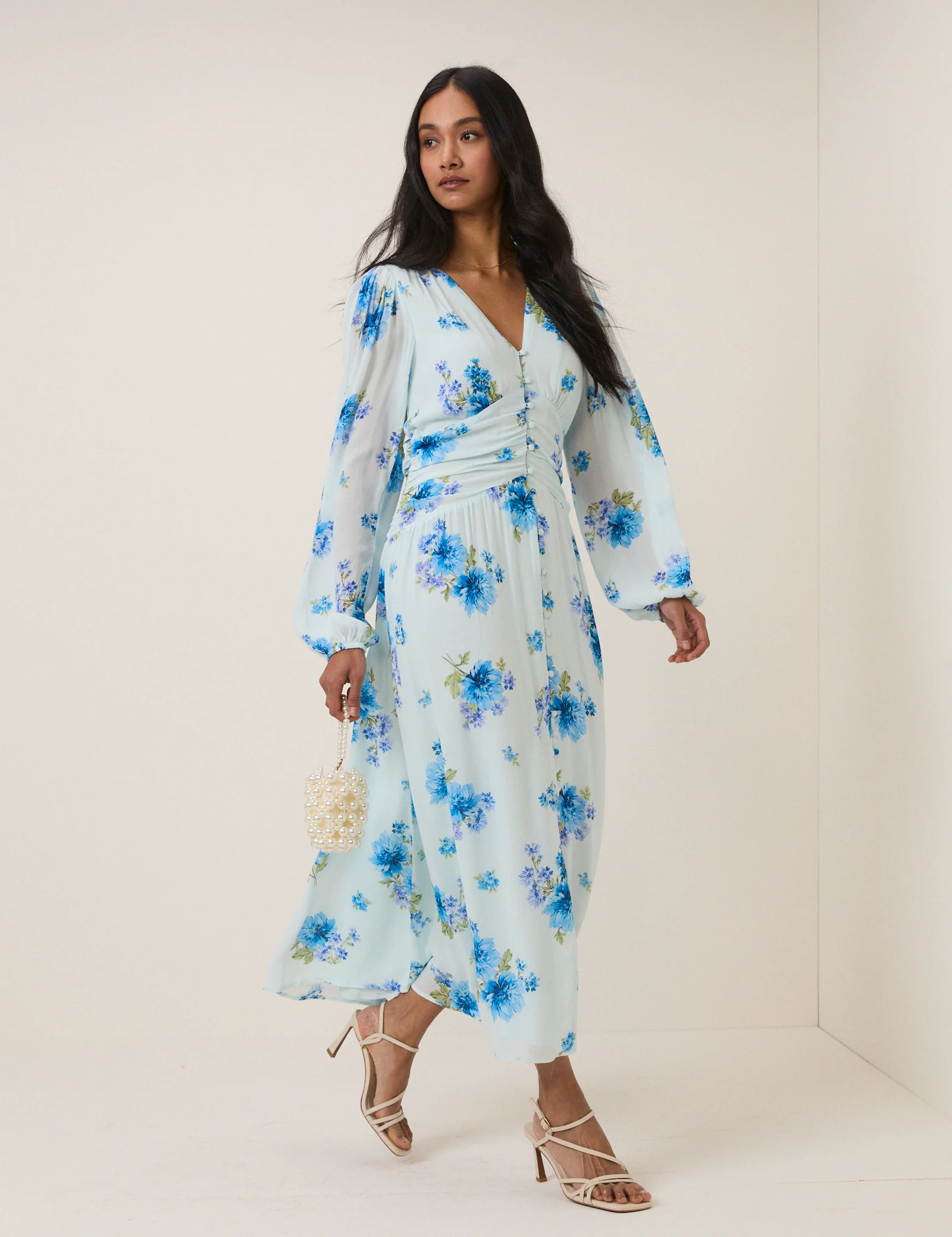 Blue Floral Long Sleeve Luna Midi Dress - Image 3