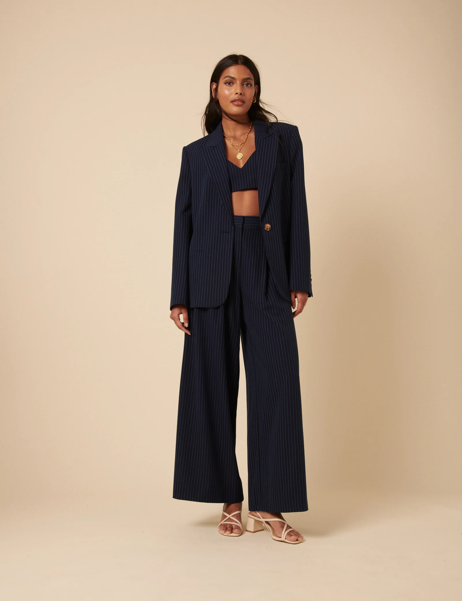 Poppy Delevingne Navy Pinstripe Cara Trousers