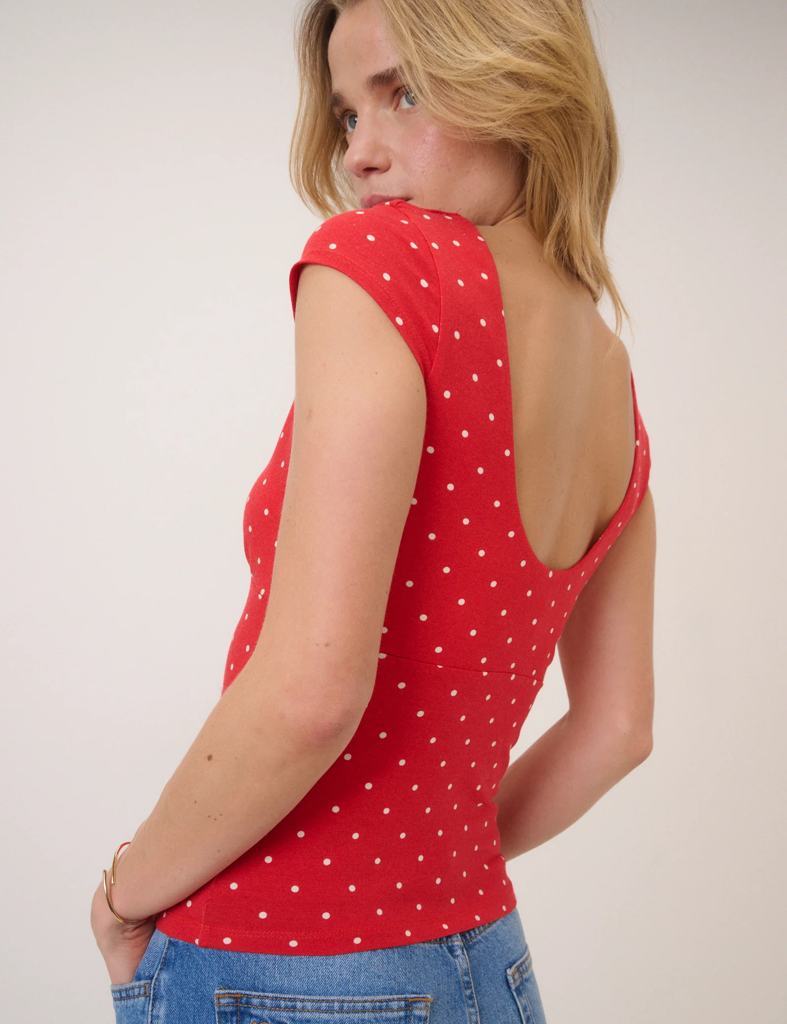 Red Polka Dot Scoop Back Top - Image 2