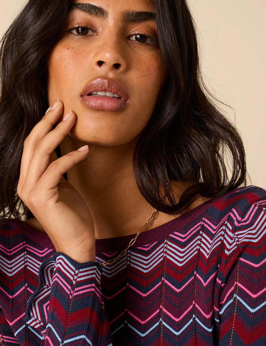 Purple Chevron Striped Long Sleeve Midi Dress - Image 2