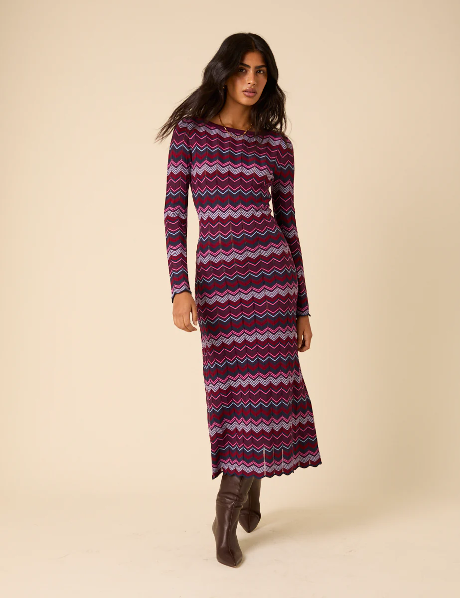 Purple Chevron Striped Long Sleeve Midi Dress - Image 4