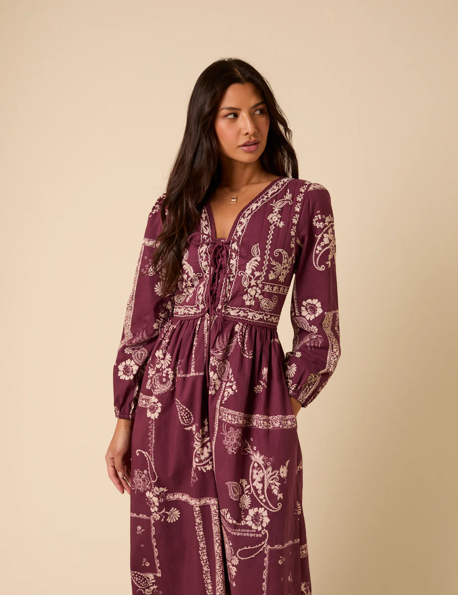 Purple Paisley Embroidered Quilted Monroe Midi Dress - Image 3