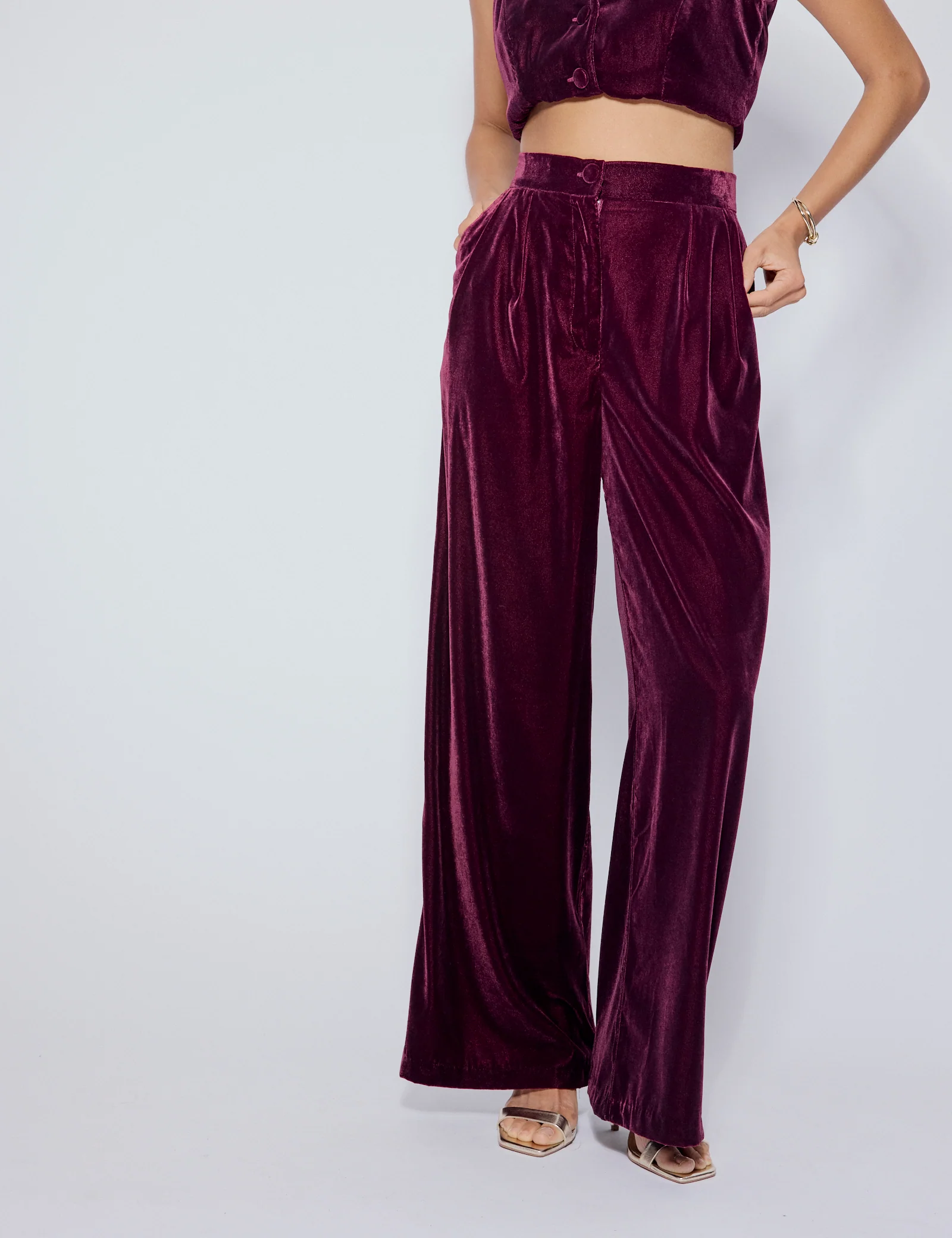 Burgundy Velvet Wide Leg Trousers - Image 4