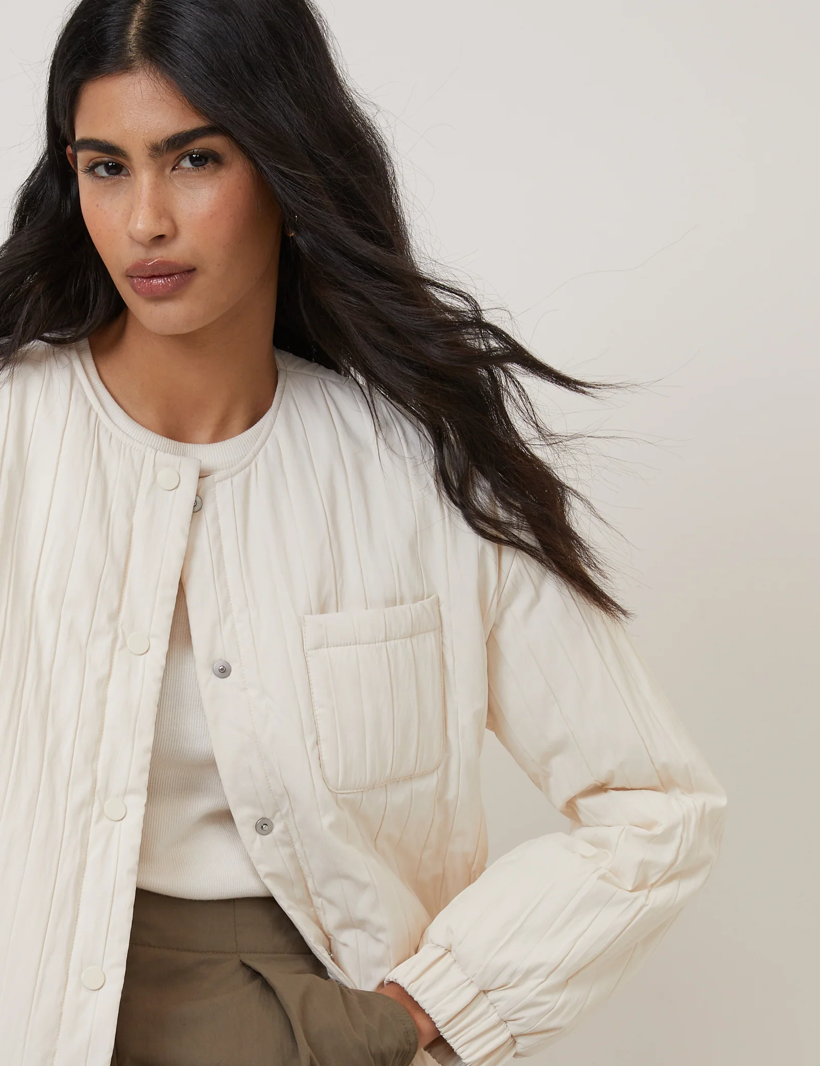 Cream Quilted Bomber Jacket - Image 3