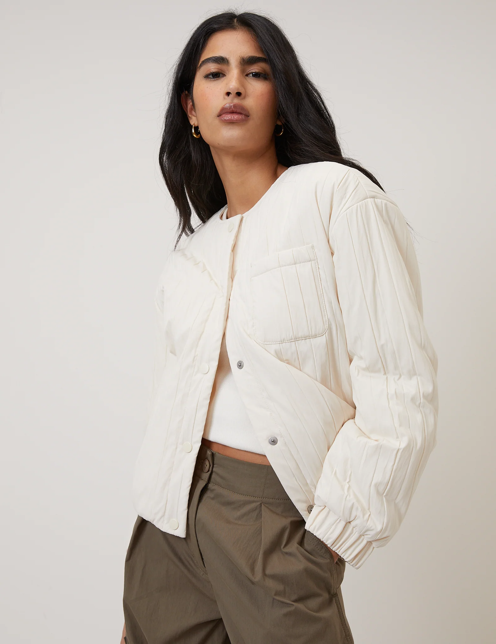 Cream Quilted Bomber Jacket - Image 4