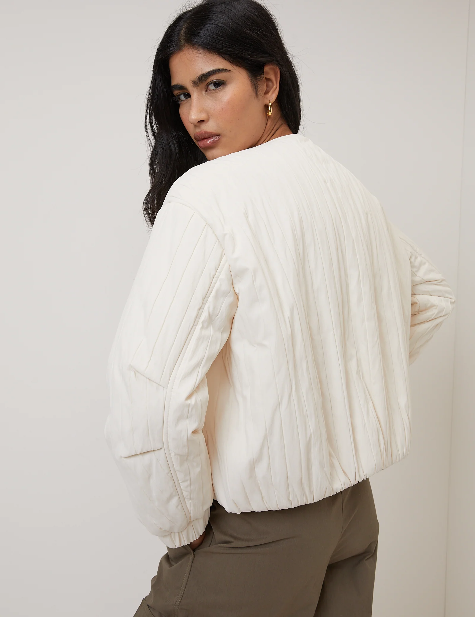 Cream Quilted Bomber Jacket - Image 6